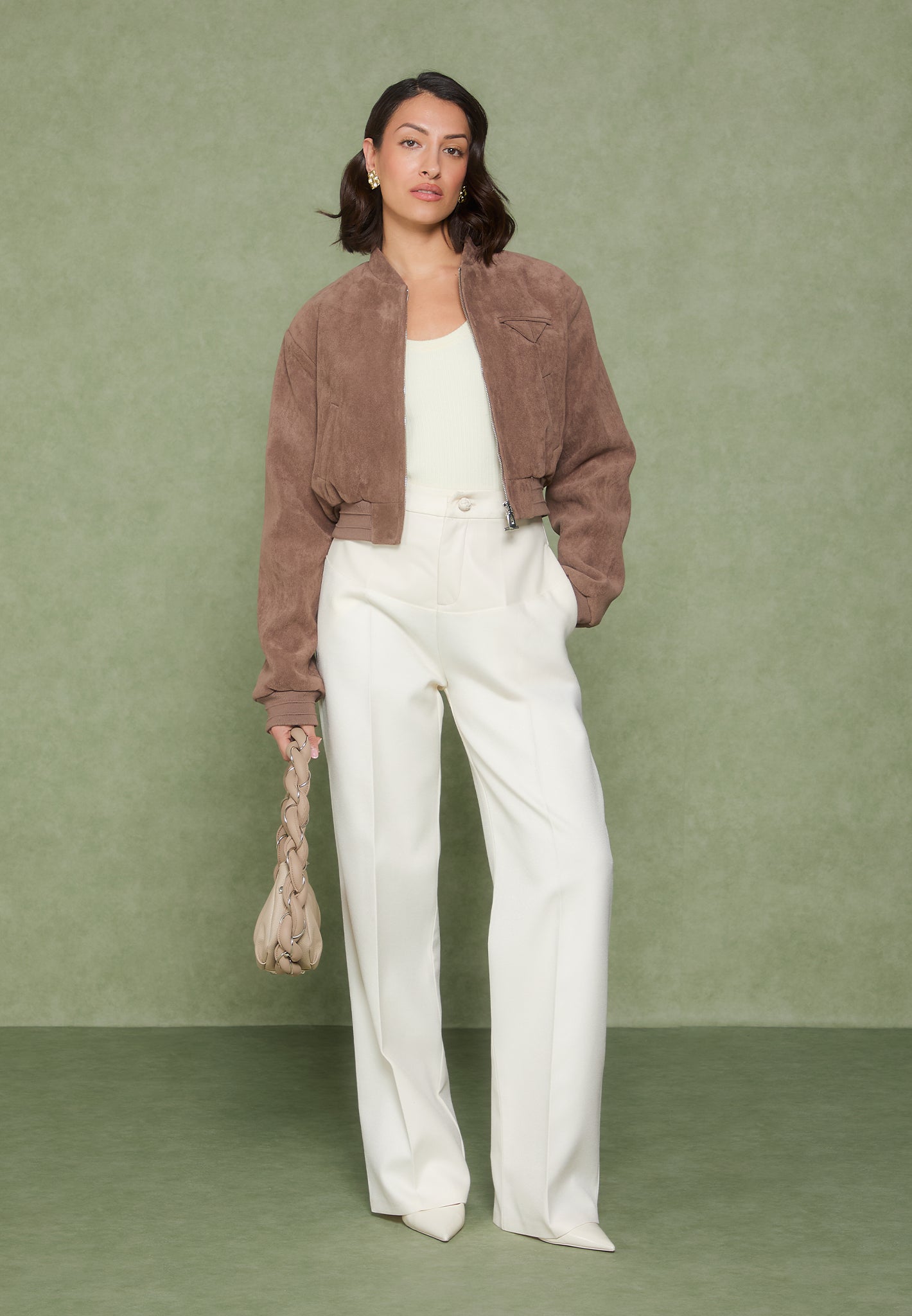 Vegan Suede Bomber Jacket with Wide Shoulders & Elastic Hem | Monique