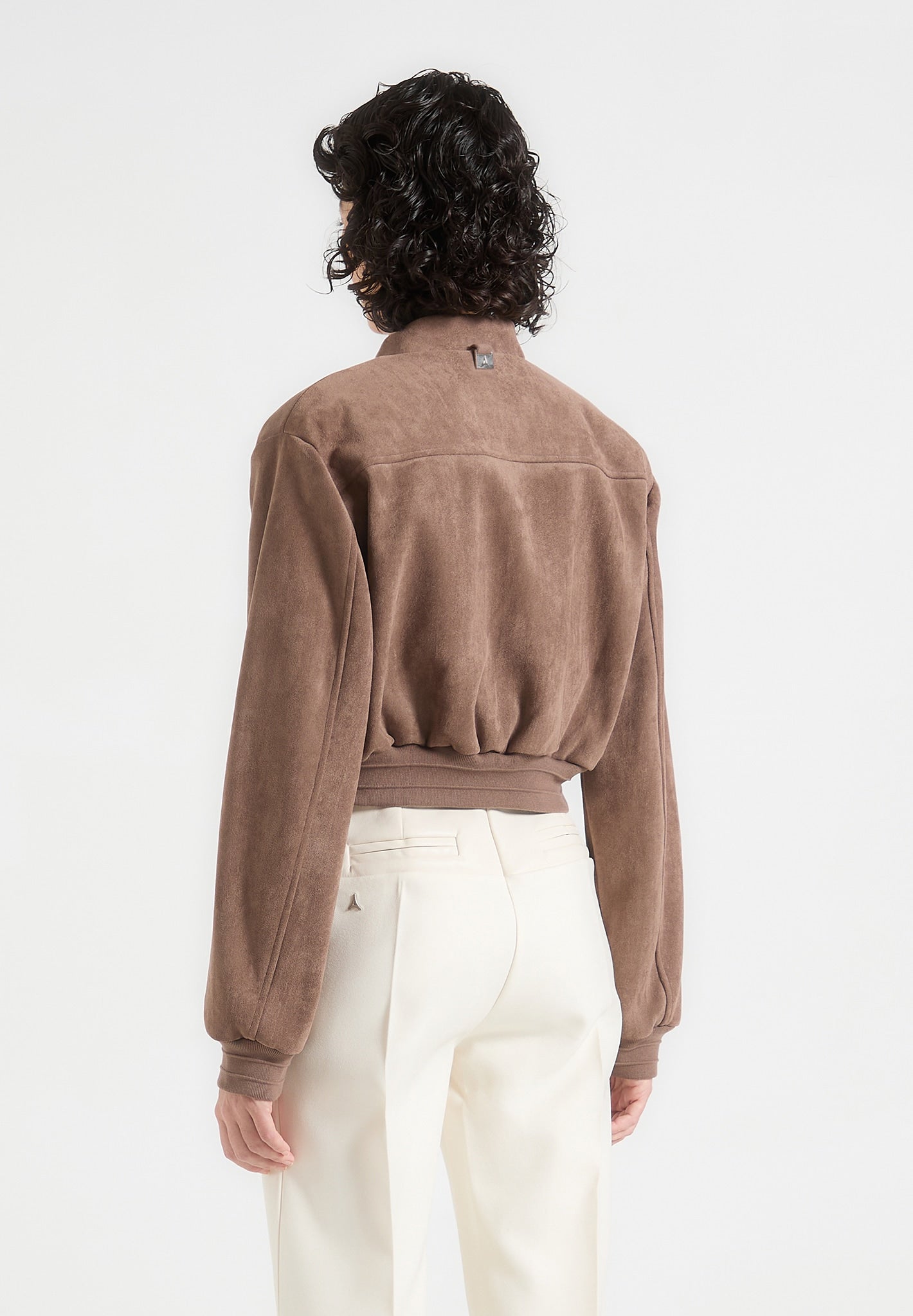 Vegan Suede Bomber Jacket with Wide Shoulders & Elastic Hem | Monique
