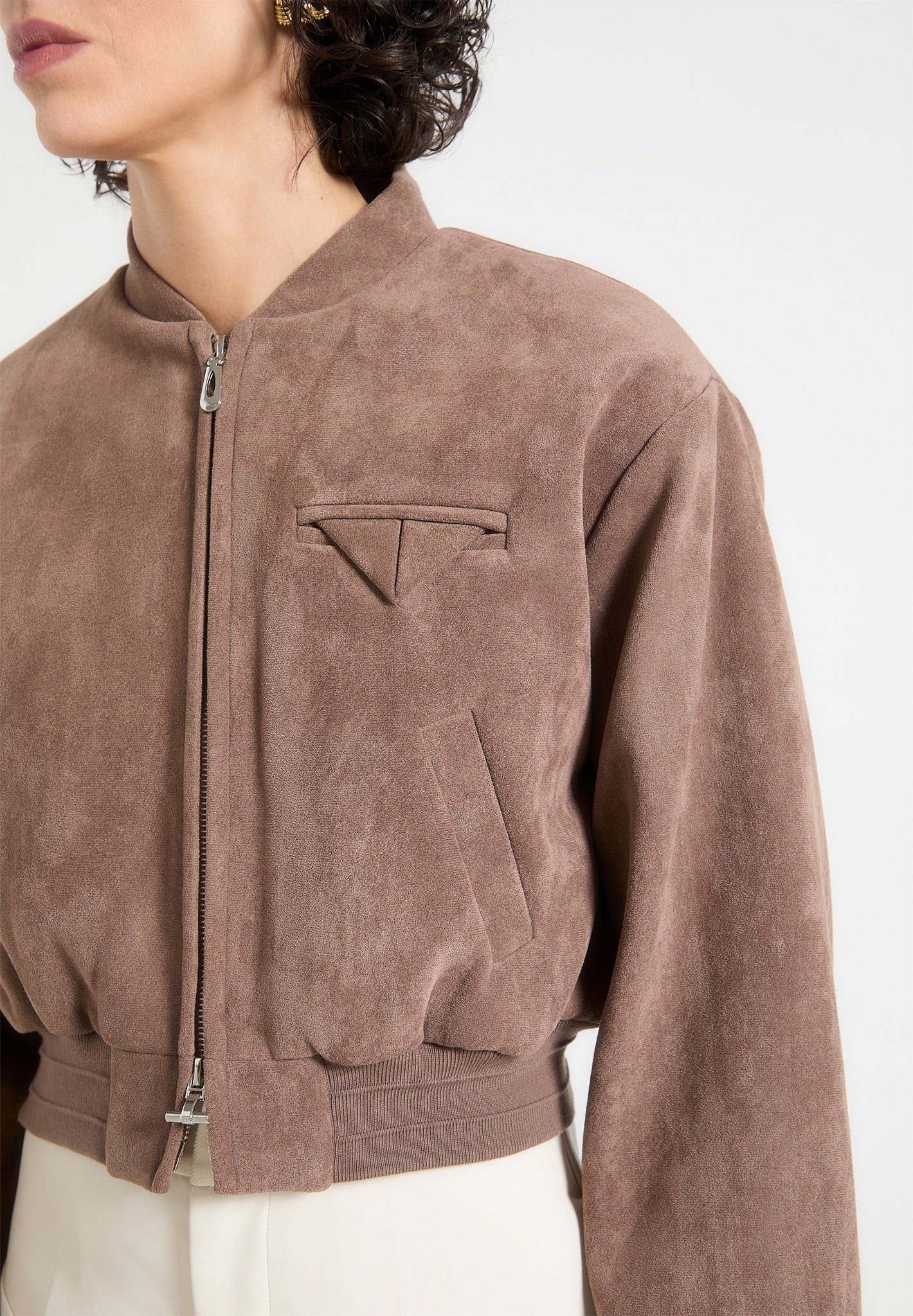 Vegan Suede Bomber Jacket with Wide Shoulders & Elastic Hem | Monique