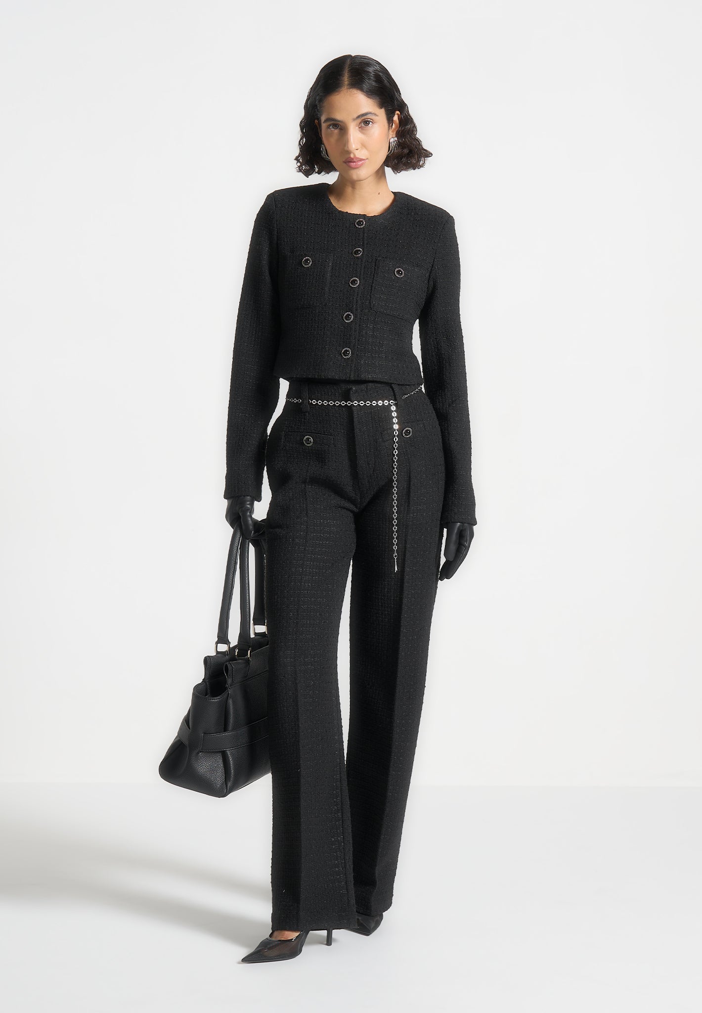 High Waisted Tweed Trousers with Chain Belt | Nathalie Black