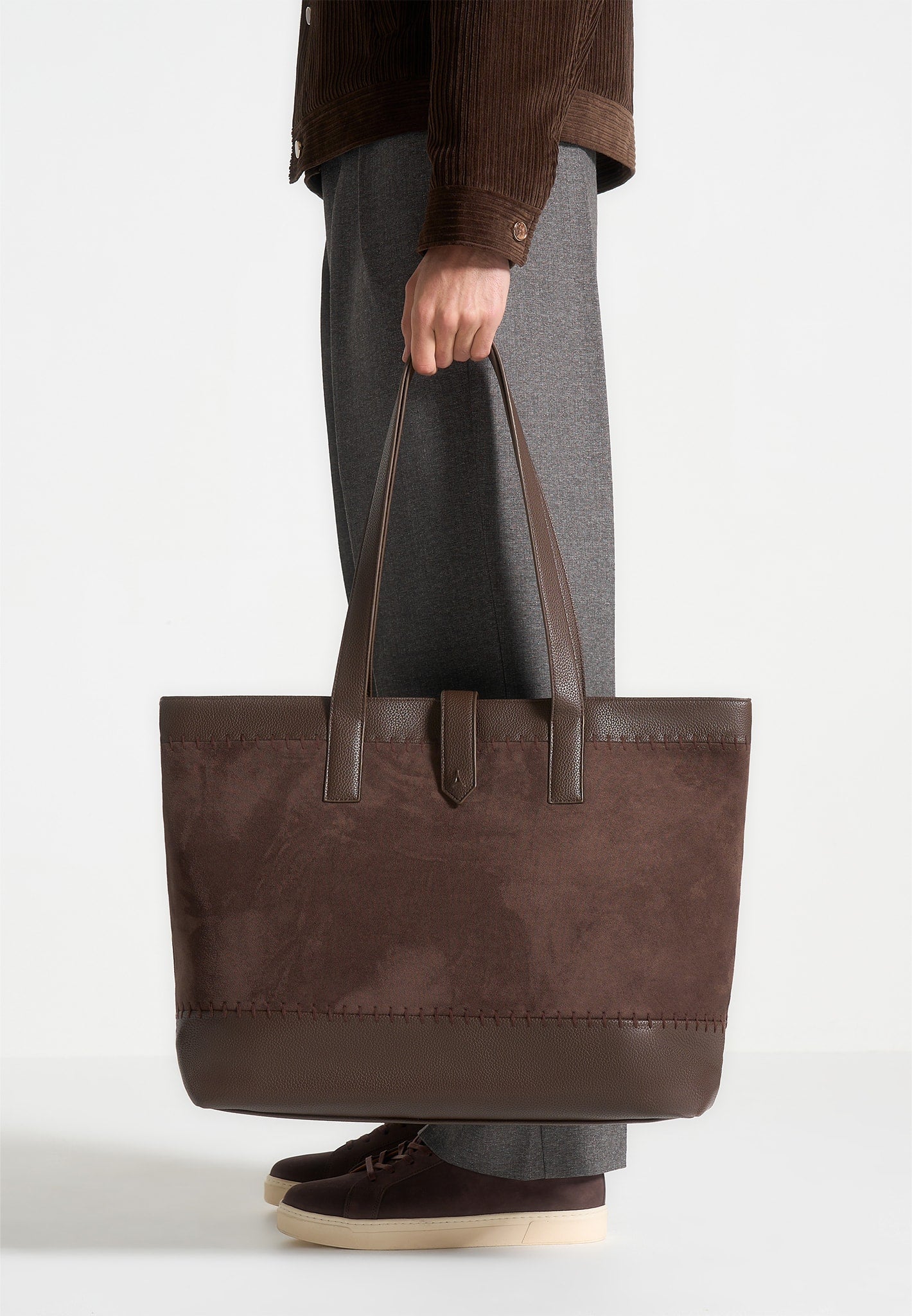 Brown Suede & Pebbled Leather Whipstitch Tote Bag | Nicolas
