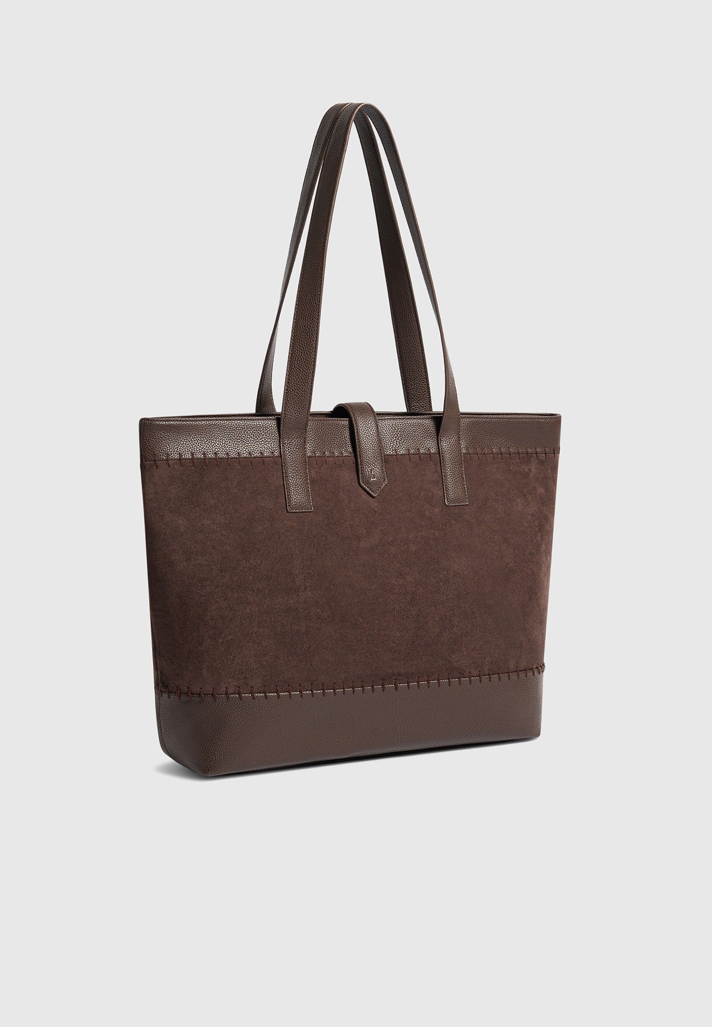 Brown Suede & Pebbled Leather Whipstitch Tote Bag | Nicolas