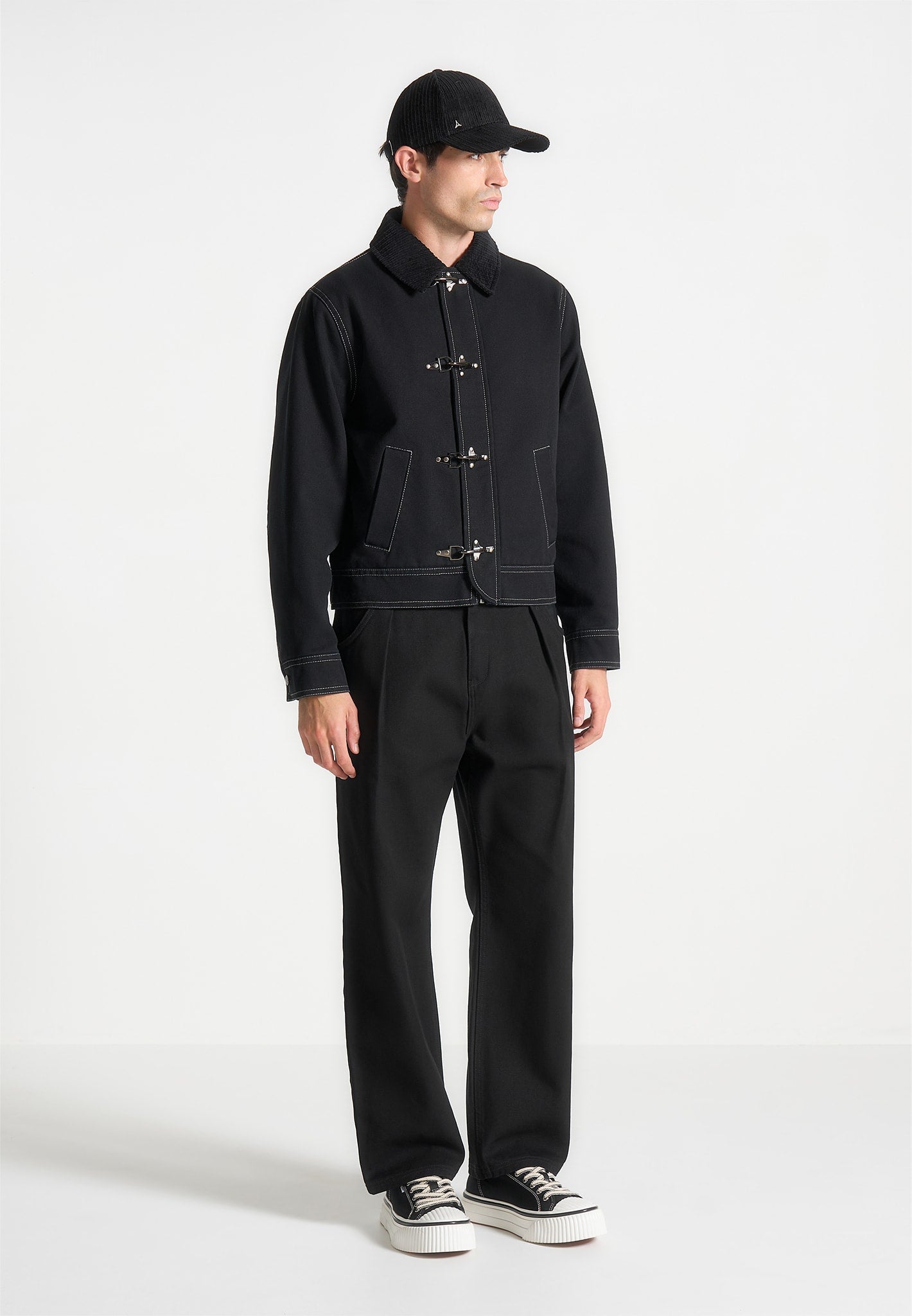Black Gabardine Jacket with Contrast Stitching & Clasp Details | Nino