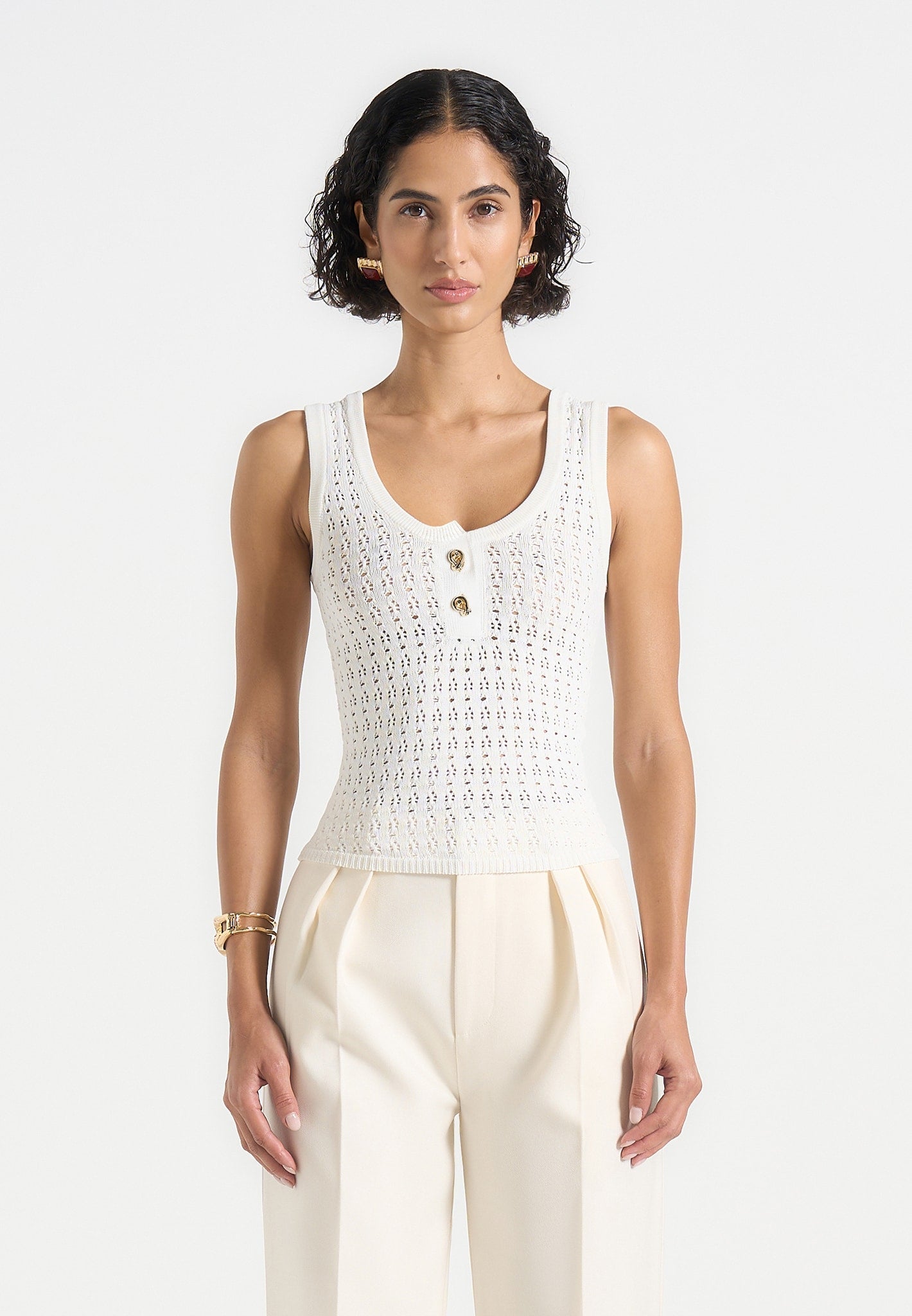 Pointelle Knit Vest with Knot Buttons & V-Neck | Nora - Cream