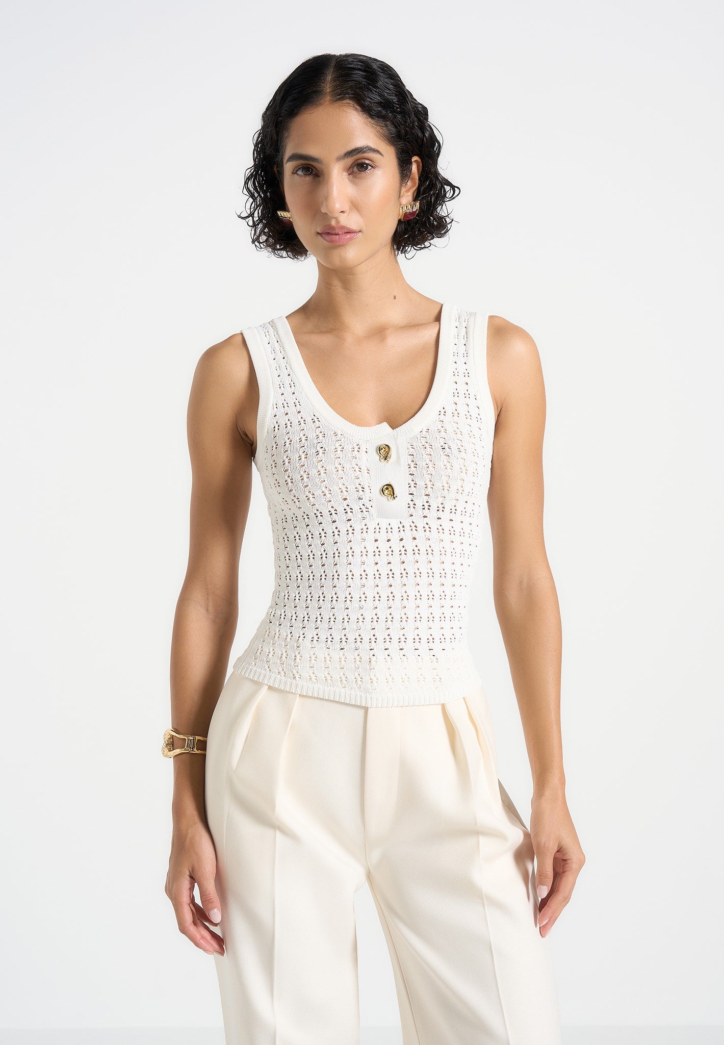 Pointelle Knit Vest with Knot Buttons & V-Neck | Nora - Cream