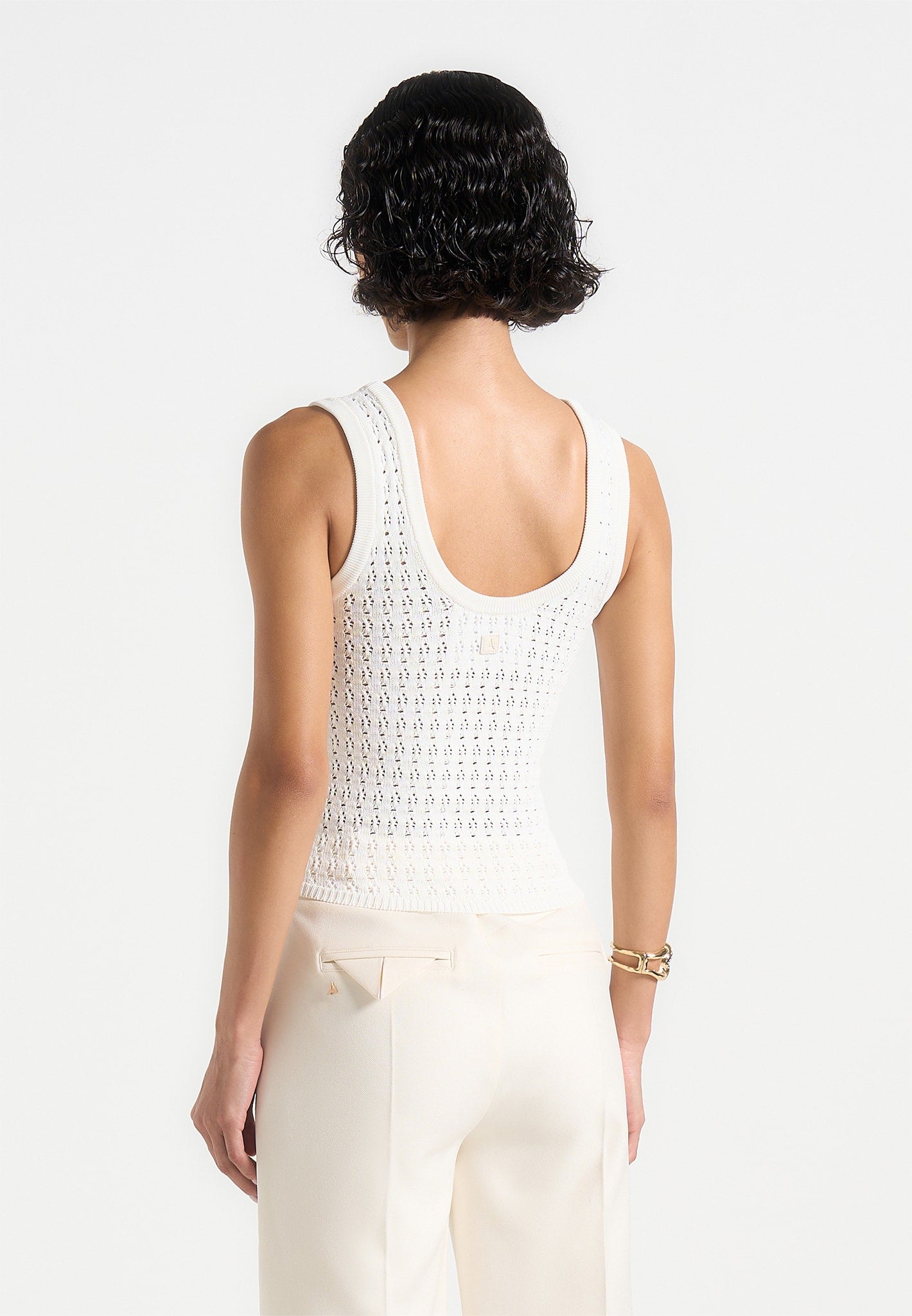 Pointelle Knit Vest with Knot Buttons & V-Neck | Nora - Cream