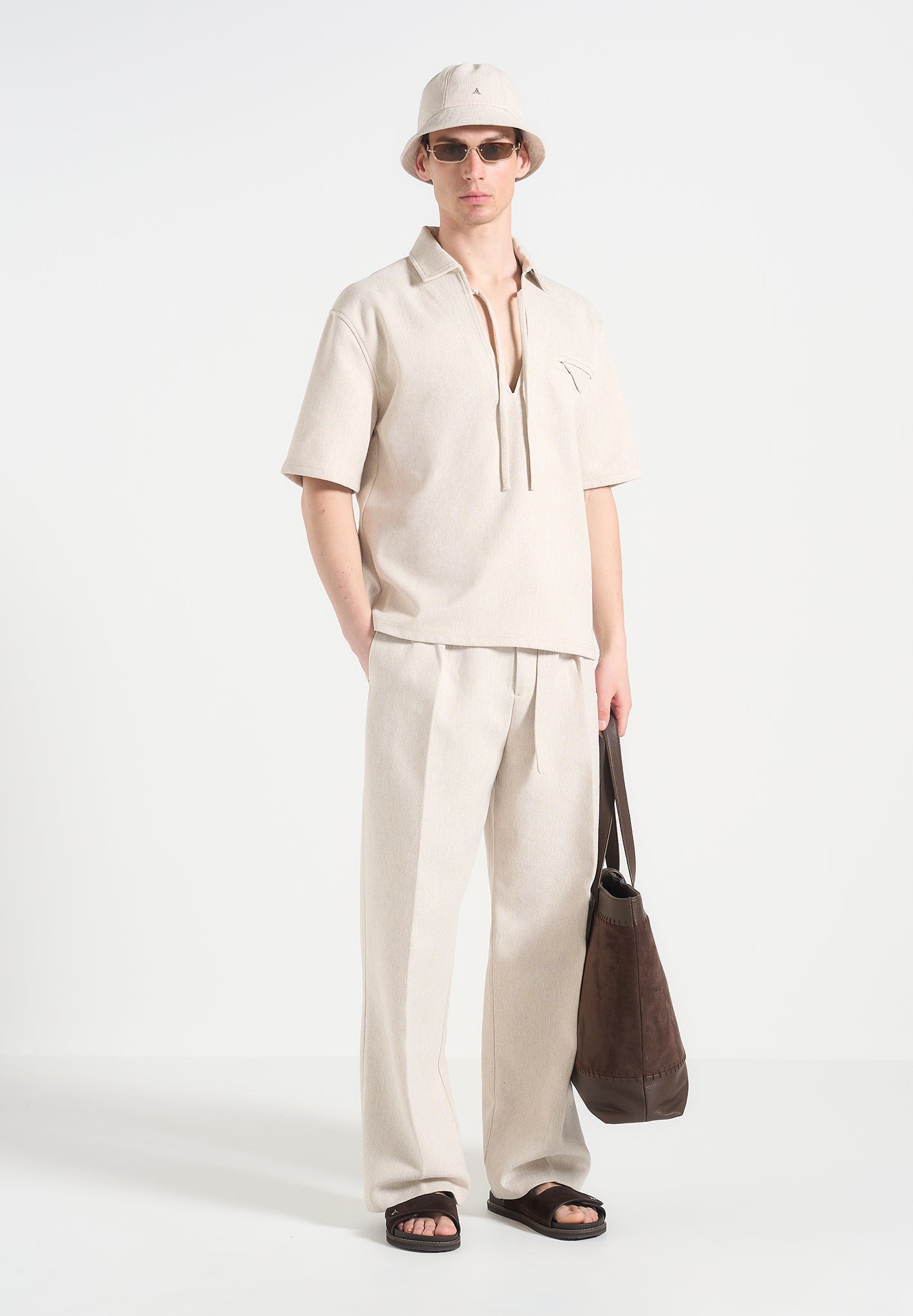 Textured Drawstring Shirt with Open Collar & Chest Pocket | Norbert
