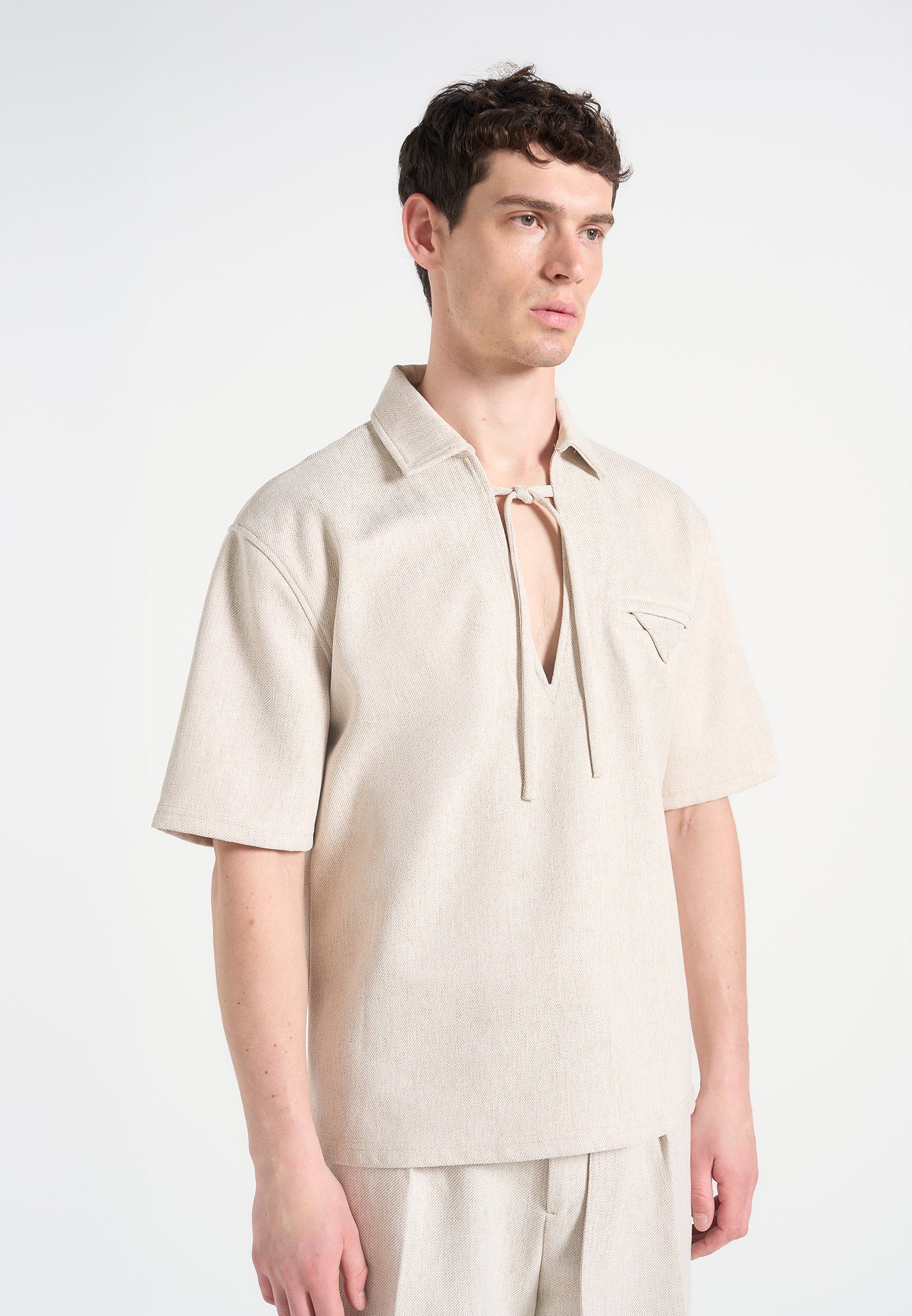 Textured Drawstring Shirt with Open Collar & Chest Pocket | Norbert