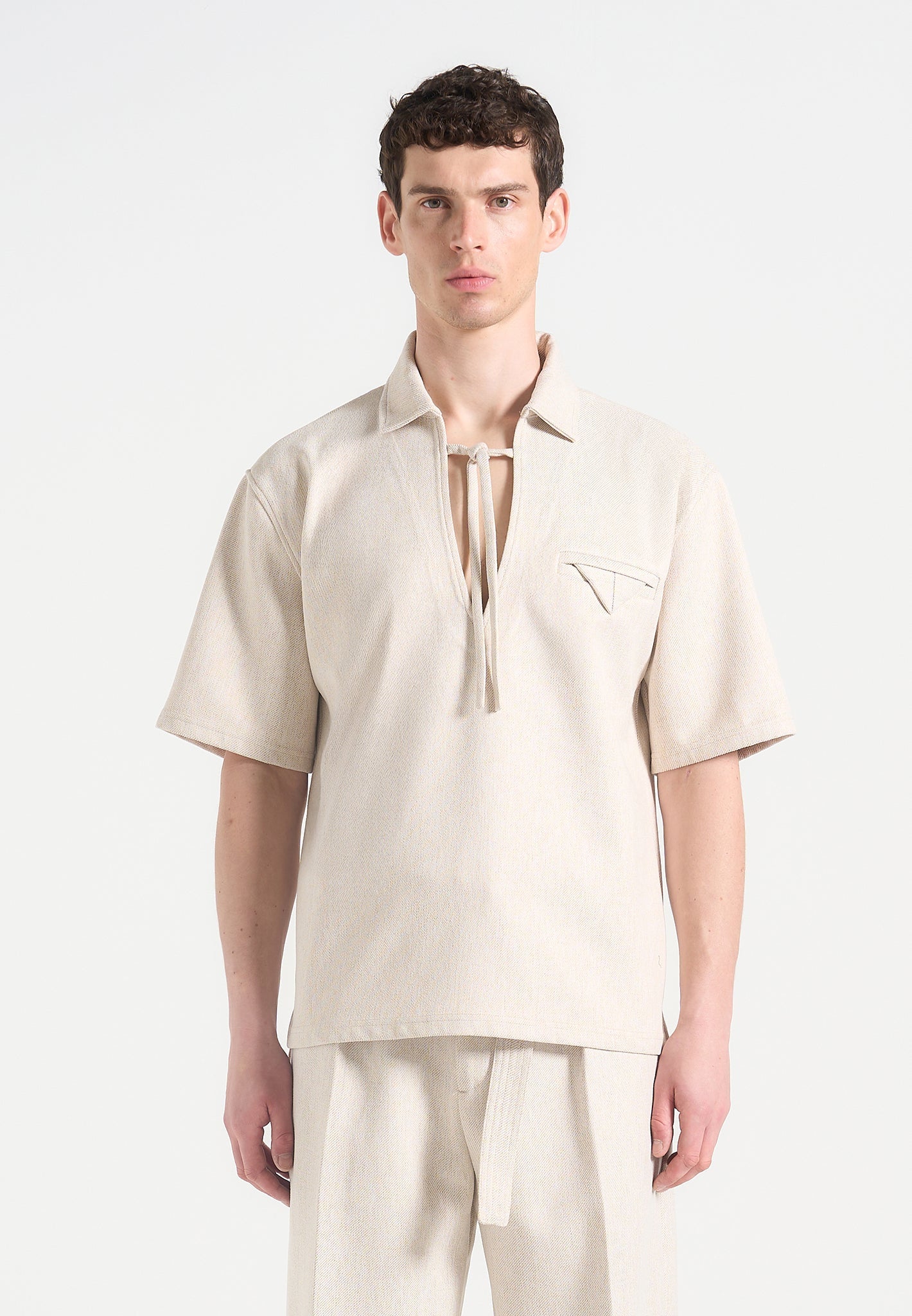 Textured Drawstring Shirt with Open Collar & Chest Pocket | Norbert