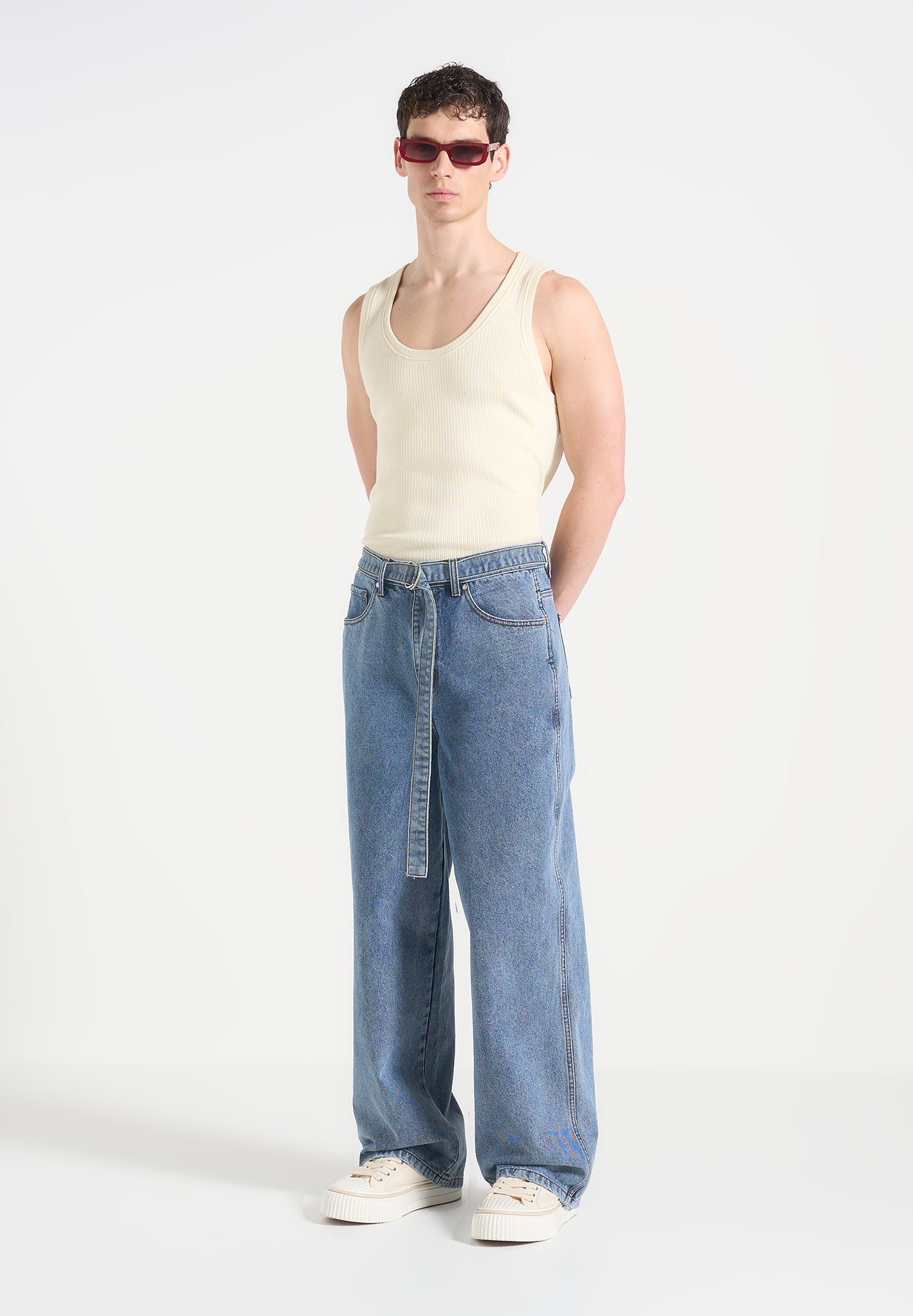 Wide Leg Belted Jeans with Vintage Wash & Built-In Belt | Adam