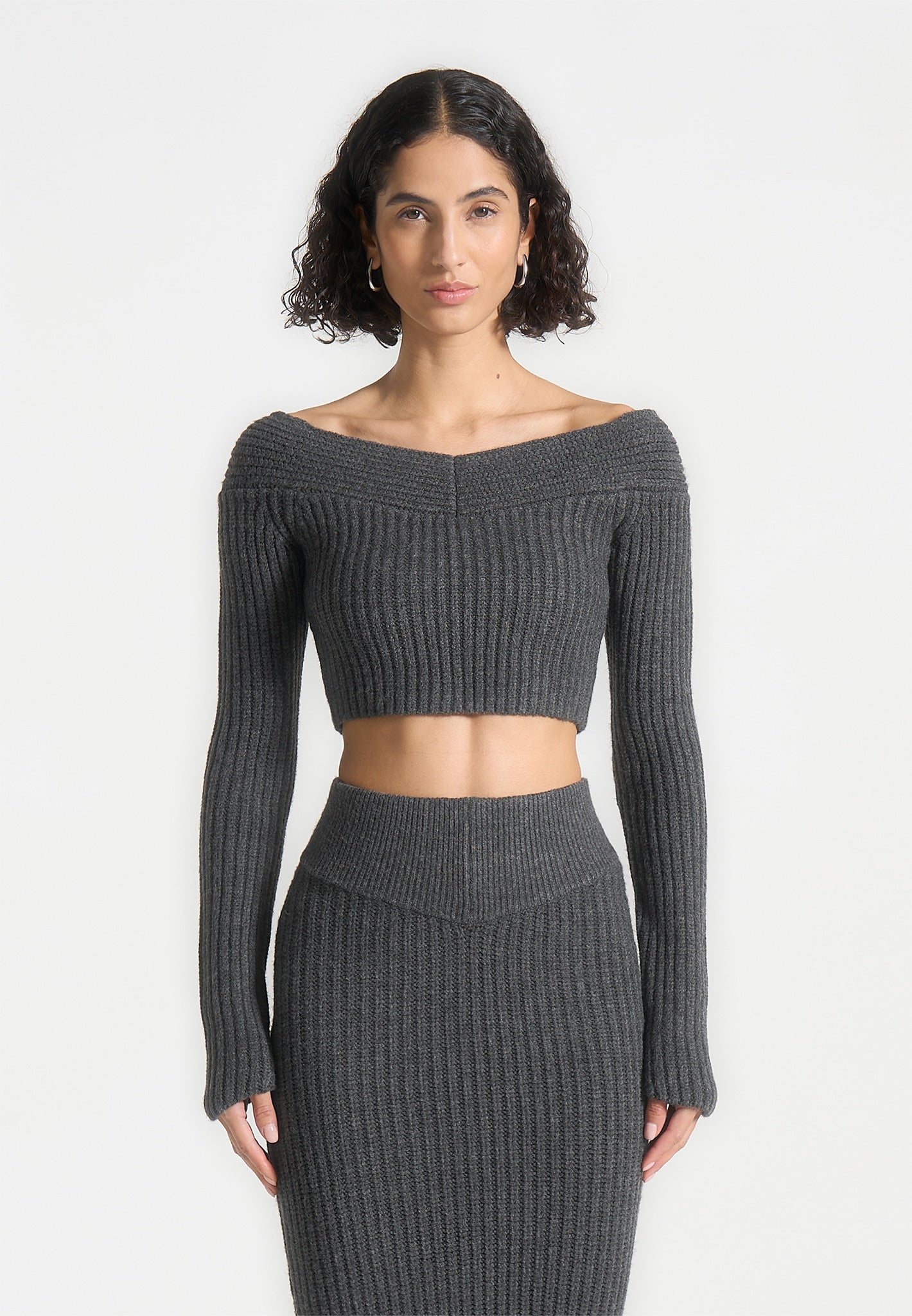 Off Shoulder Mohair Crop Top with Long Sleeves | Grey Marl