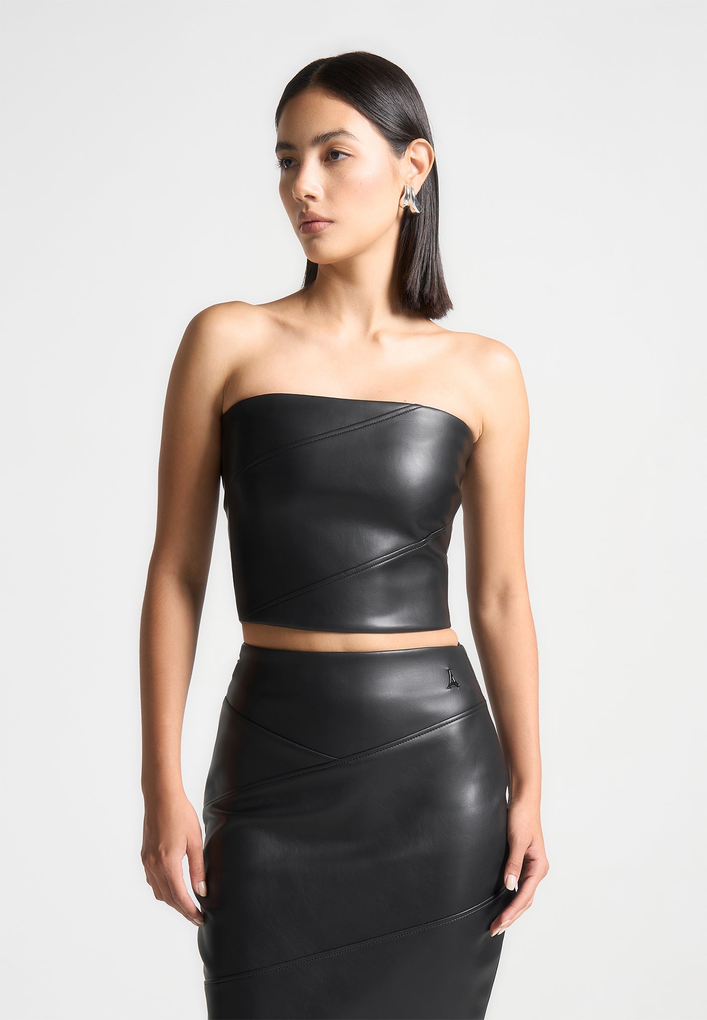 Vegan Leather Bandeau Corset Top with Ruched Back | Black