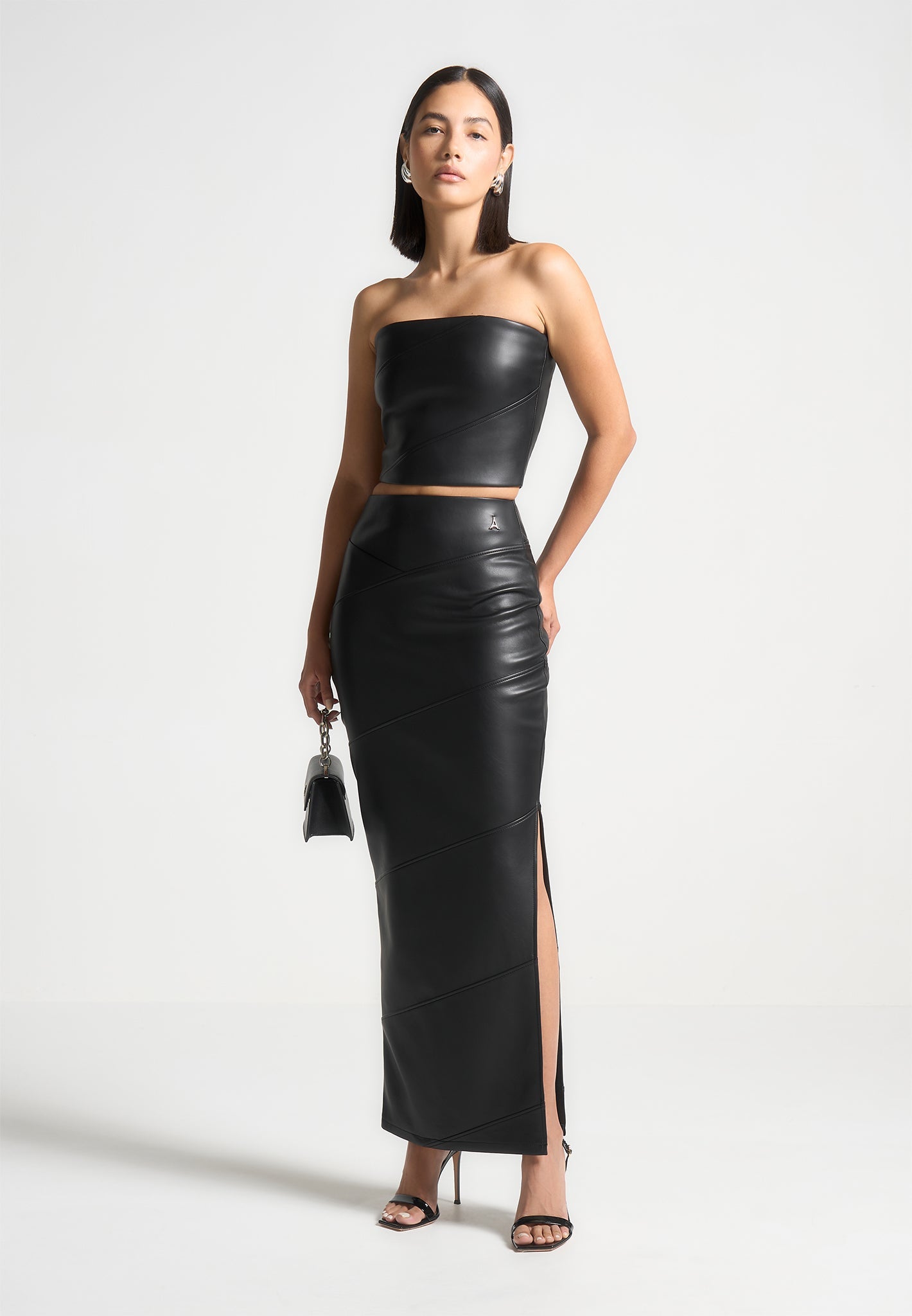 Vegan Leather Bandeau Corset Top with Ruched Back | Black