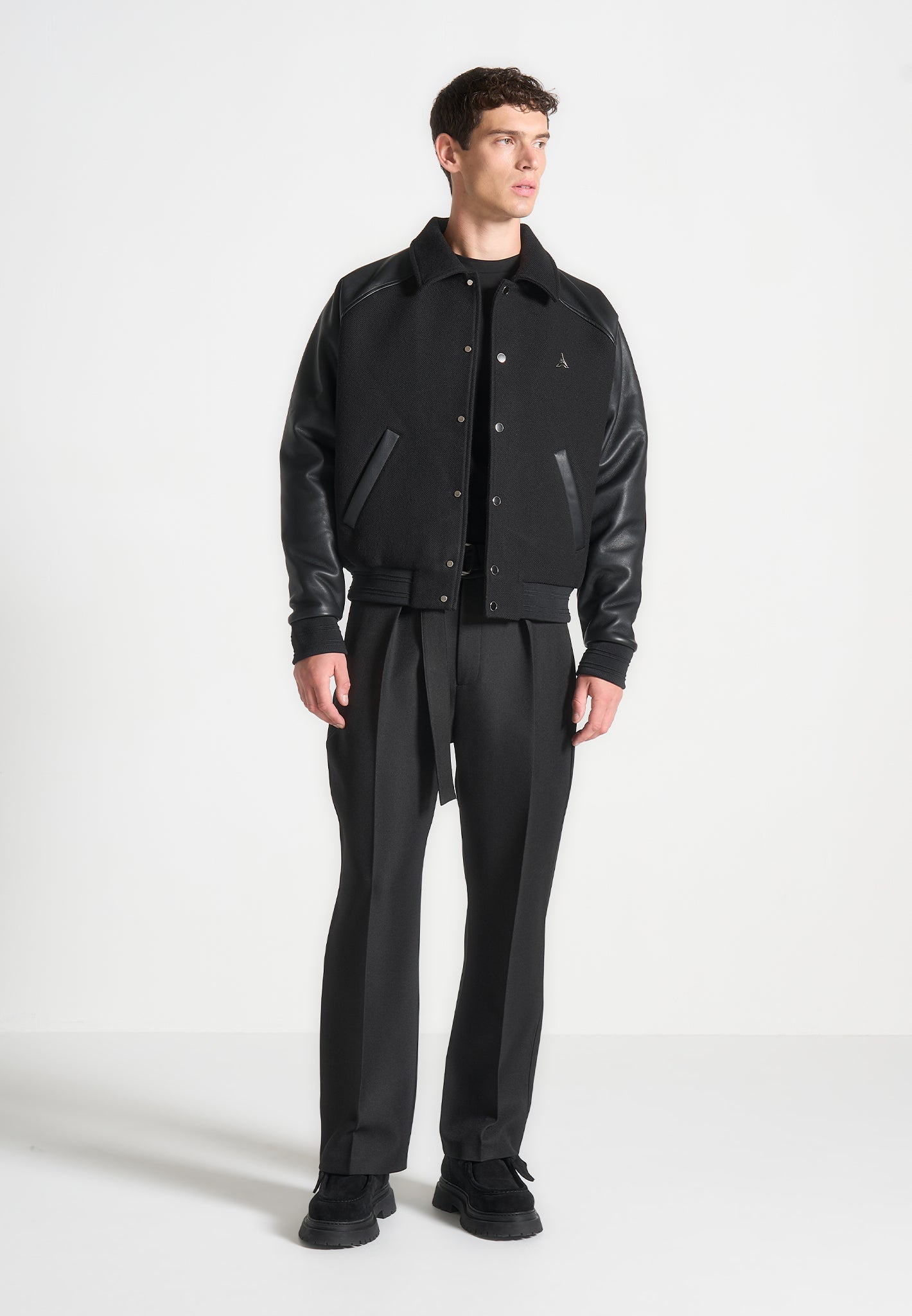 Vegan Leather Varsity Jacket with Striped Detailing | Olivier