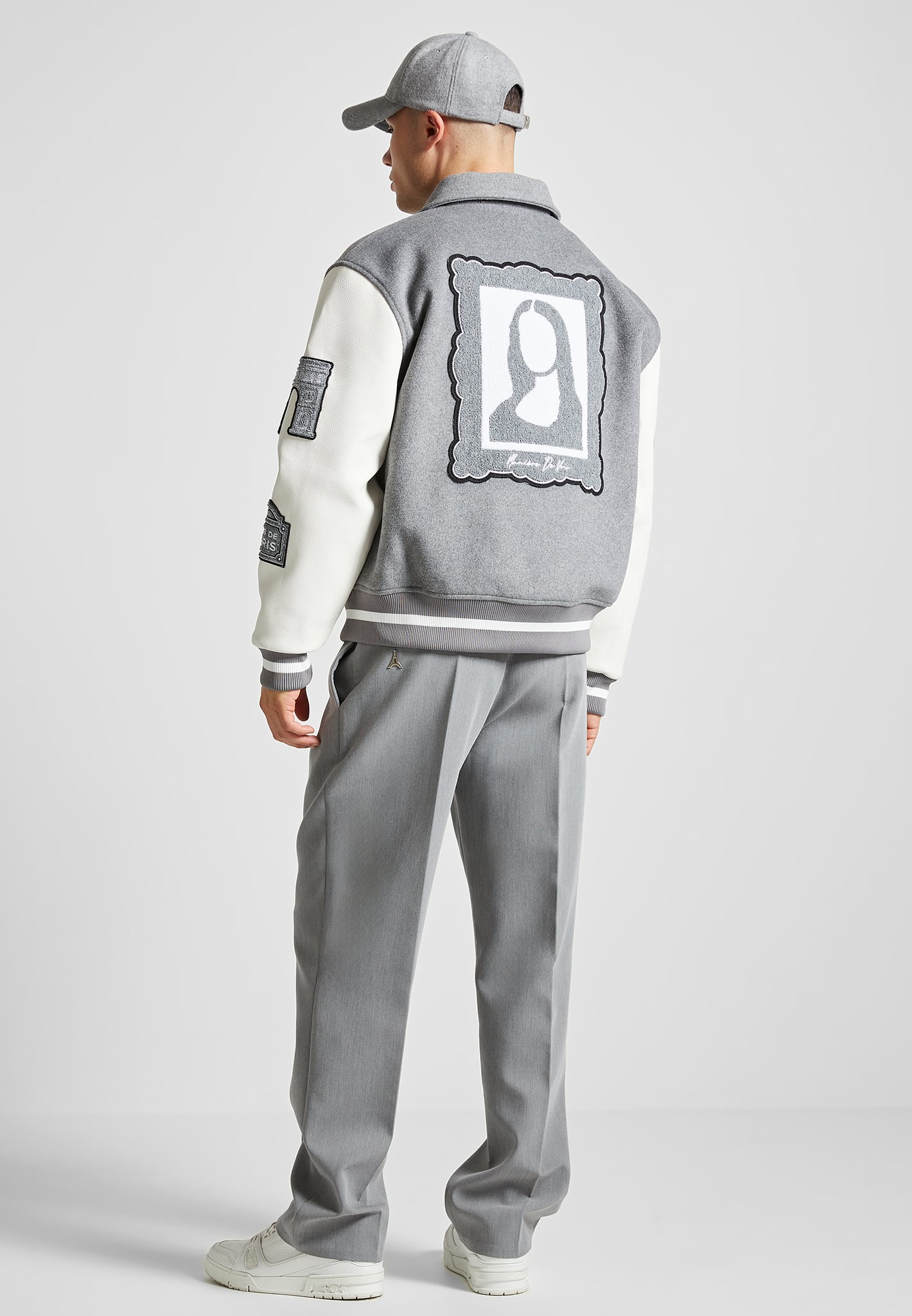 Wool Blend Varsity Jacket with Vegan Leather | Mona Lisa Grey