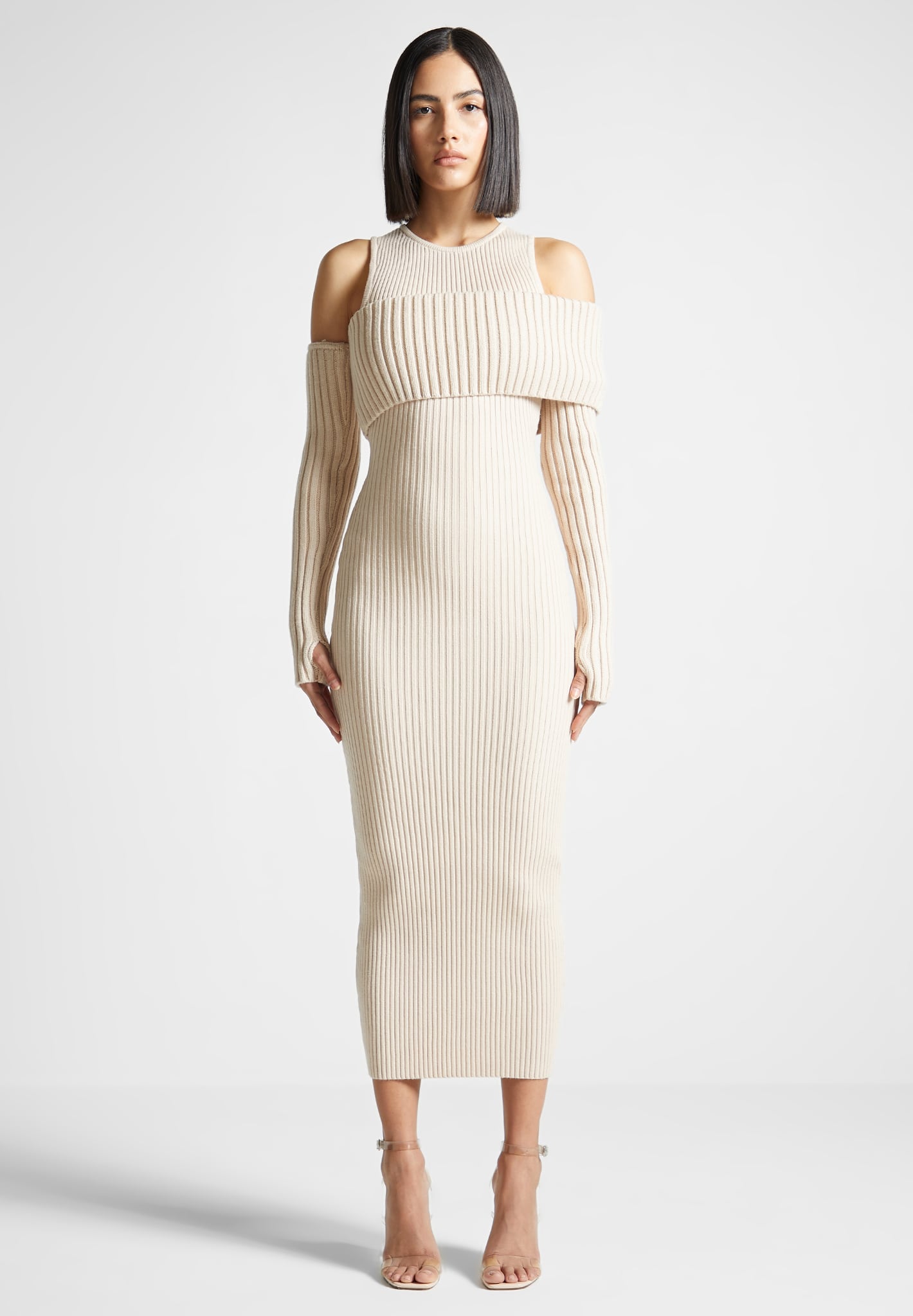 Knitted Midaxi Dress with Detachable Overlay | Beige