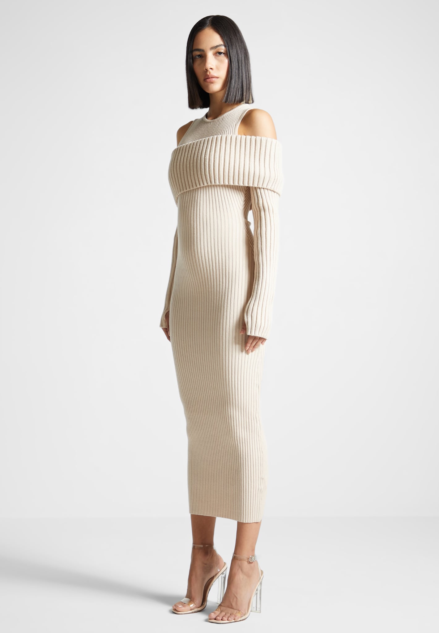 Knitted Midaxi Dress with Detachable Overlay | Beige