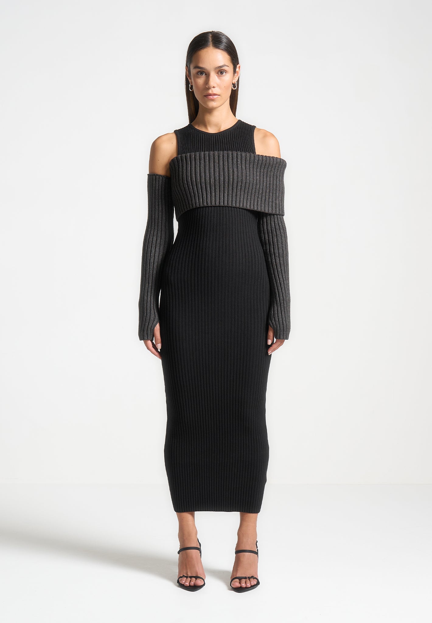 Form-Fitting Knitted Midaxi Dress with Detachable Overlay | Black/Grey
