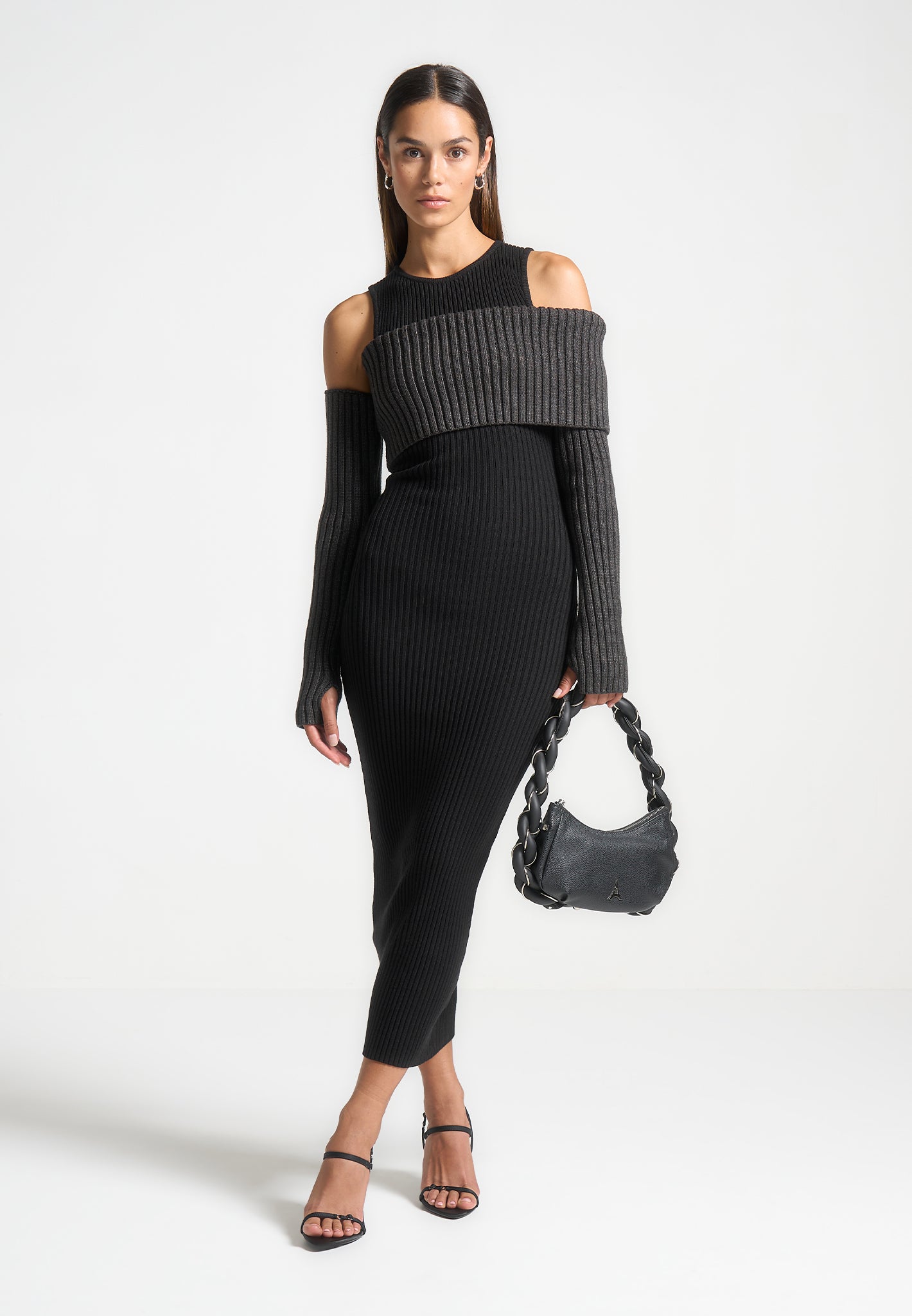 Form-Fitting Knitted Midaxi Dress with Detachable Overlay | Black/Grey