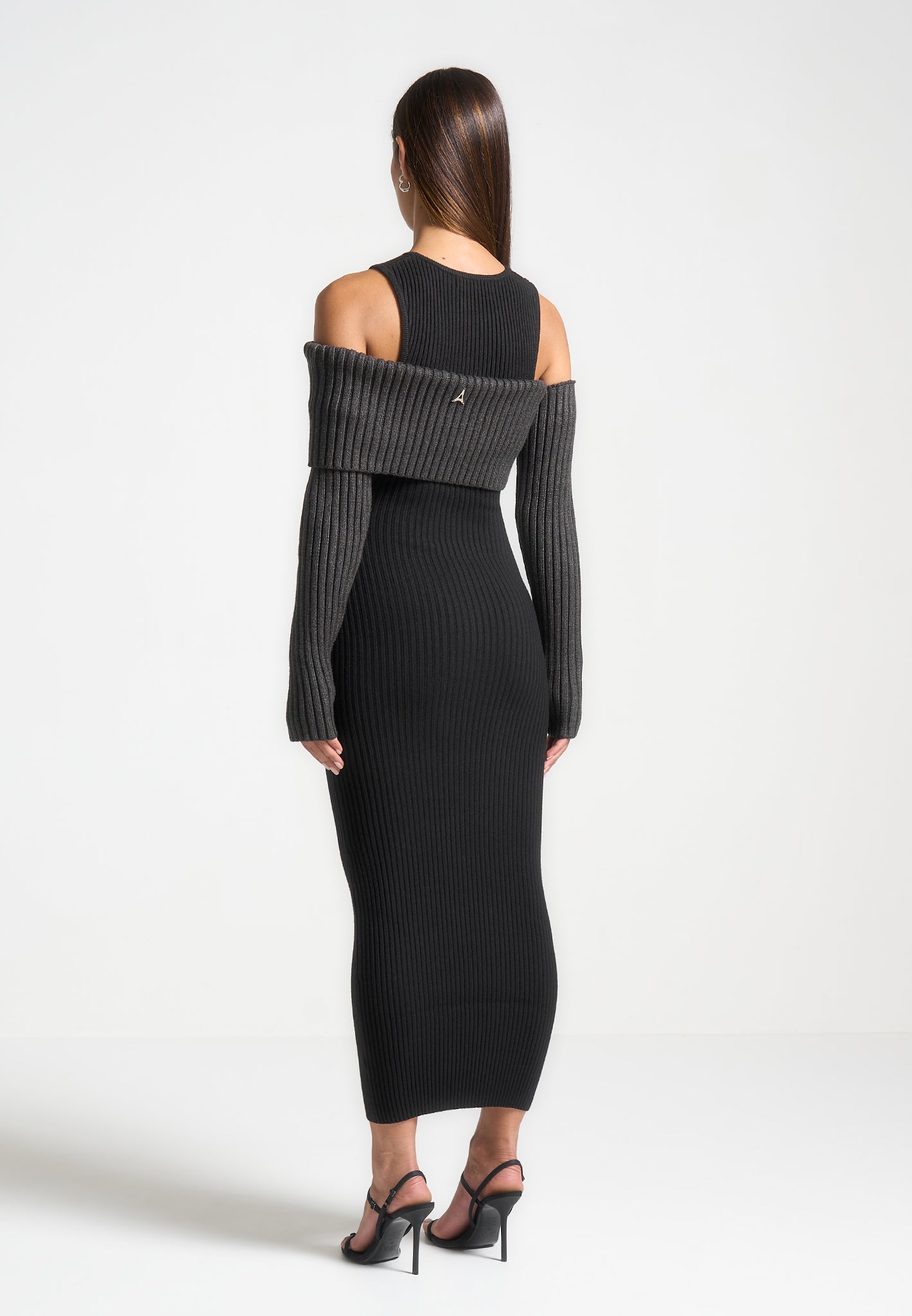 Form-Fitting Knitted Midaxi Dress with Detachable Overlay | Black/Grey