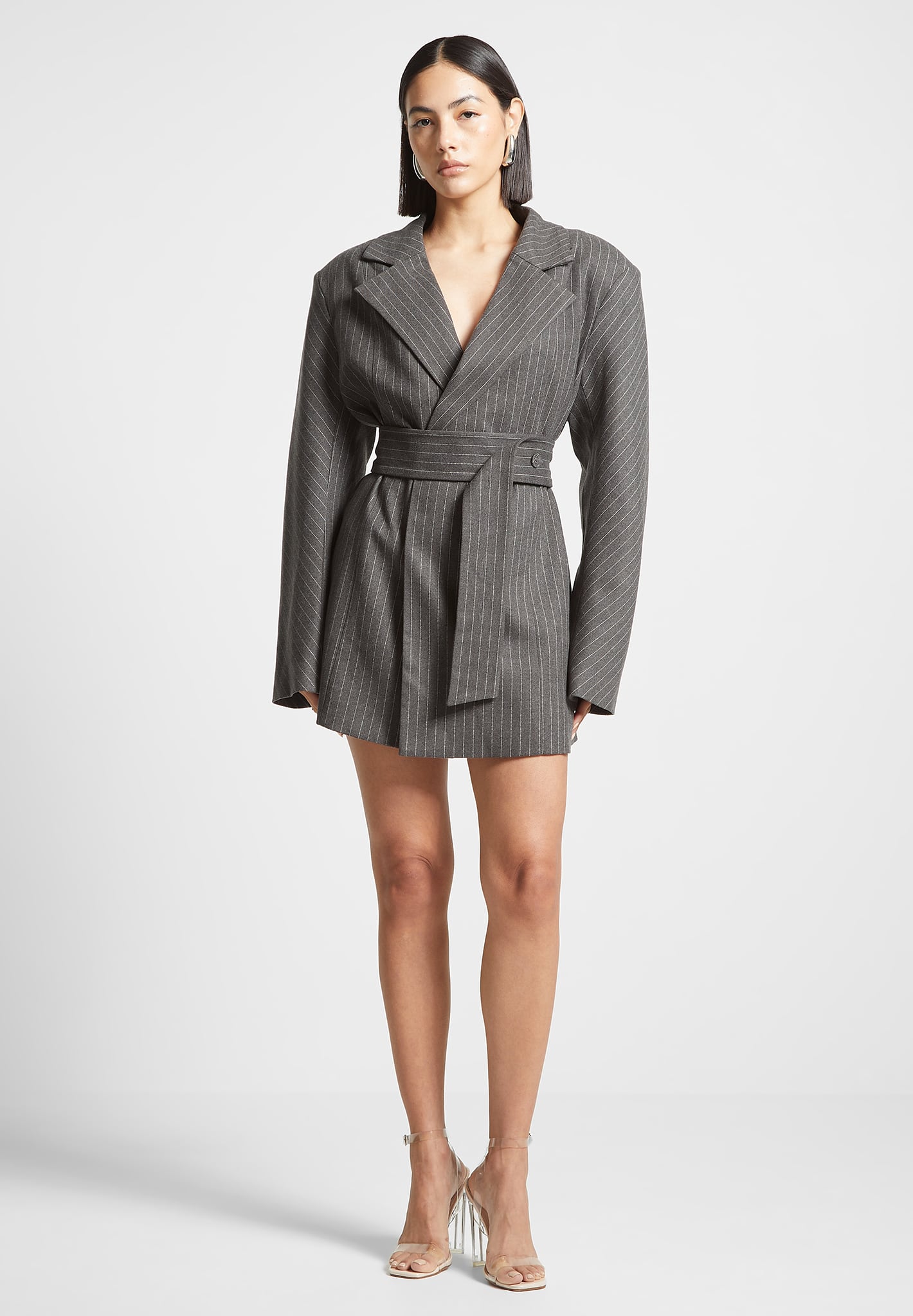 Oversized Pinstripe Blazer Dress with Belt & Shoulder Pads | Grey