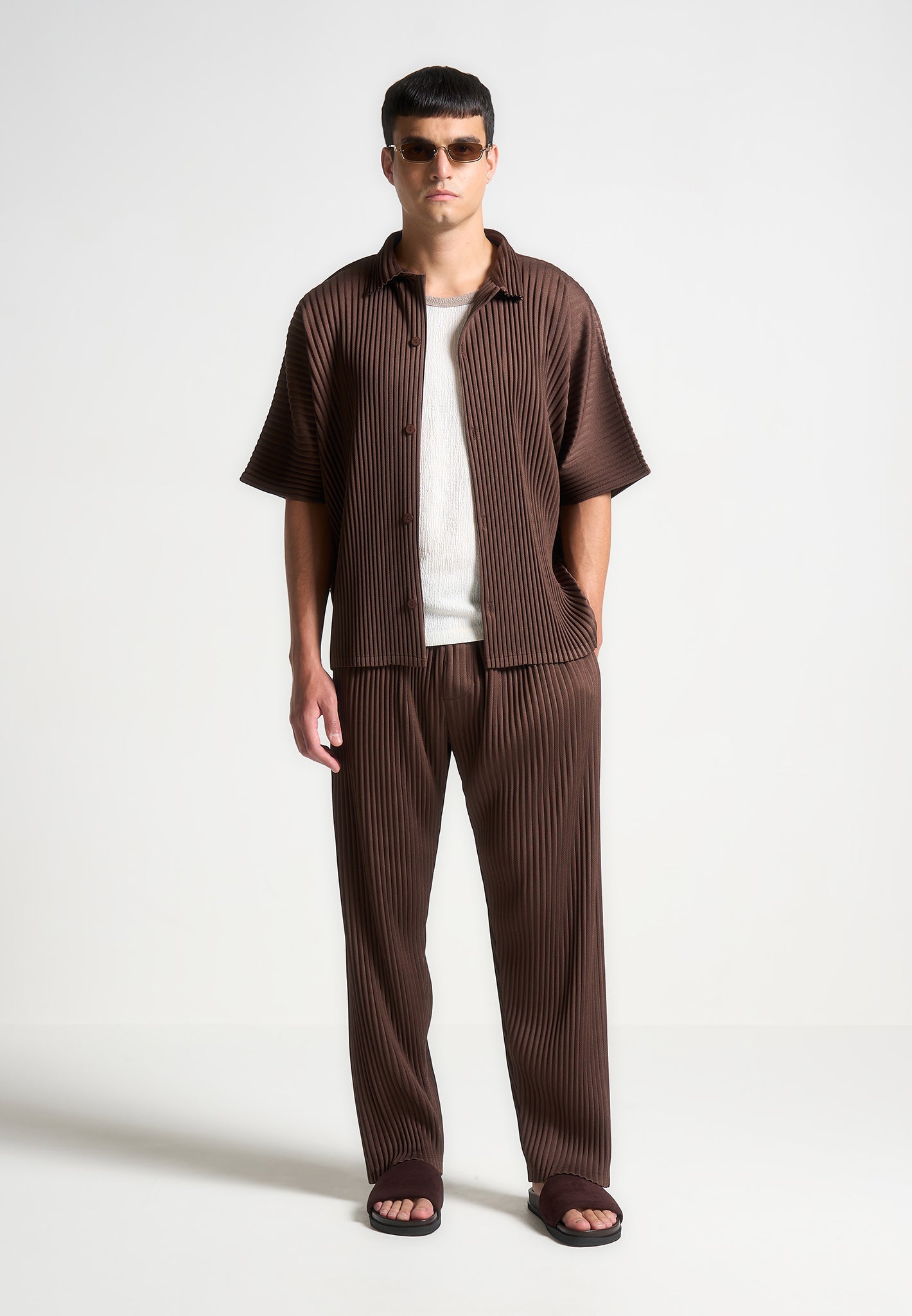 Pleated Short Sleeve Shirt in Brown | Comfortable & Relaxed Fit