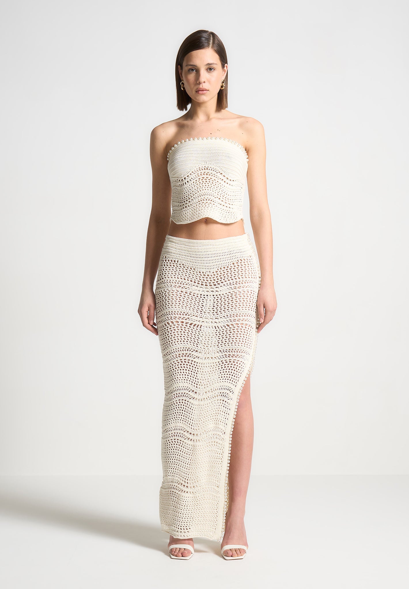 Cream Pearl Embellished Crochet Maxi Skirt with Side Slit