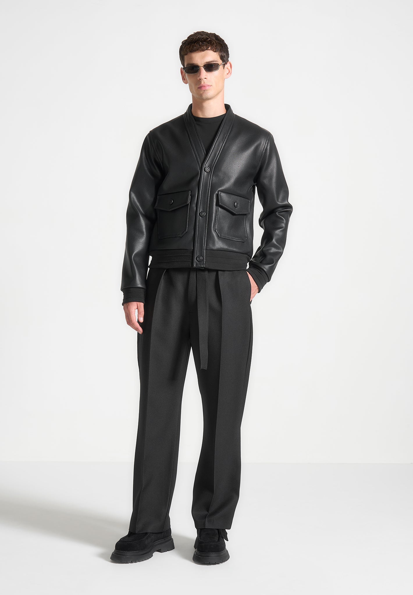 Vegan Leather Cardigan with Front Pockets | Pebbled Black