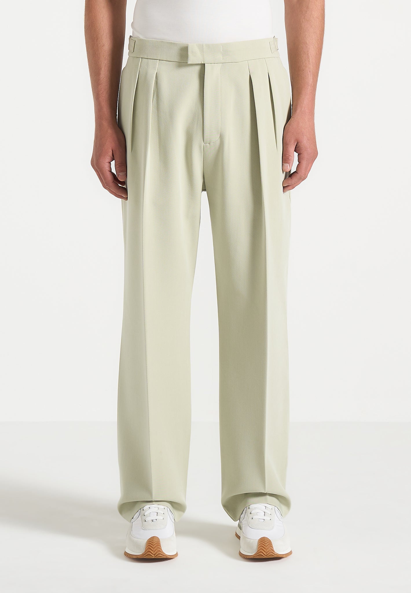 Relaxed Fit Hatched Trousers with Adjustable Waist | Pierre Sage