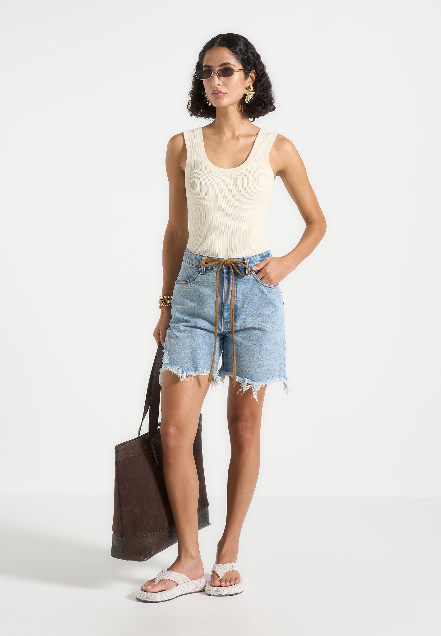 Distressed Denim Shorts for Women - Mid Blue Wide Leg | Béau