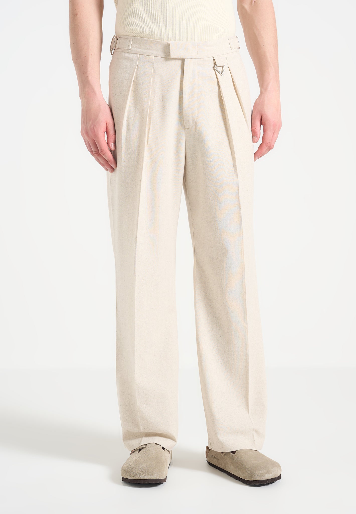 Relaxed Fit Linen Trousers with Twin Pleats & Adjustable Waist | Pierre