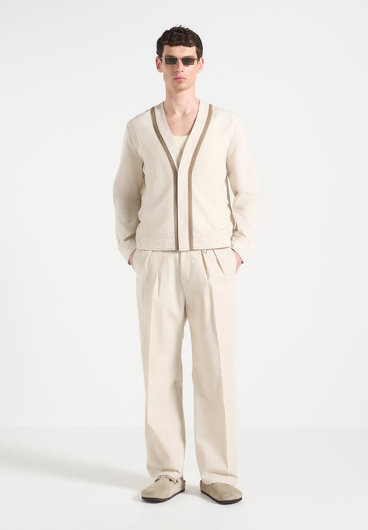 Relaxed Fit Linen Trousers with Twin Pleats & Adjustable Waist | Pierre
