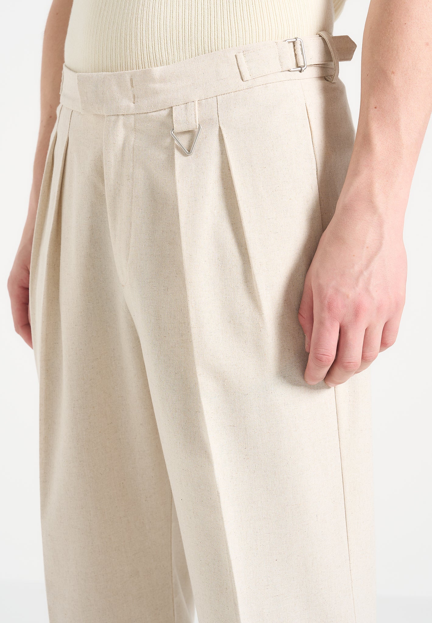 Relaxed Fit Linen Trousers with Twin Pleats & Adjustable Waist | Pierre