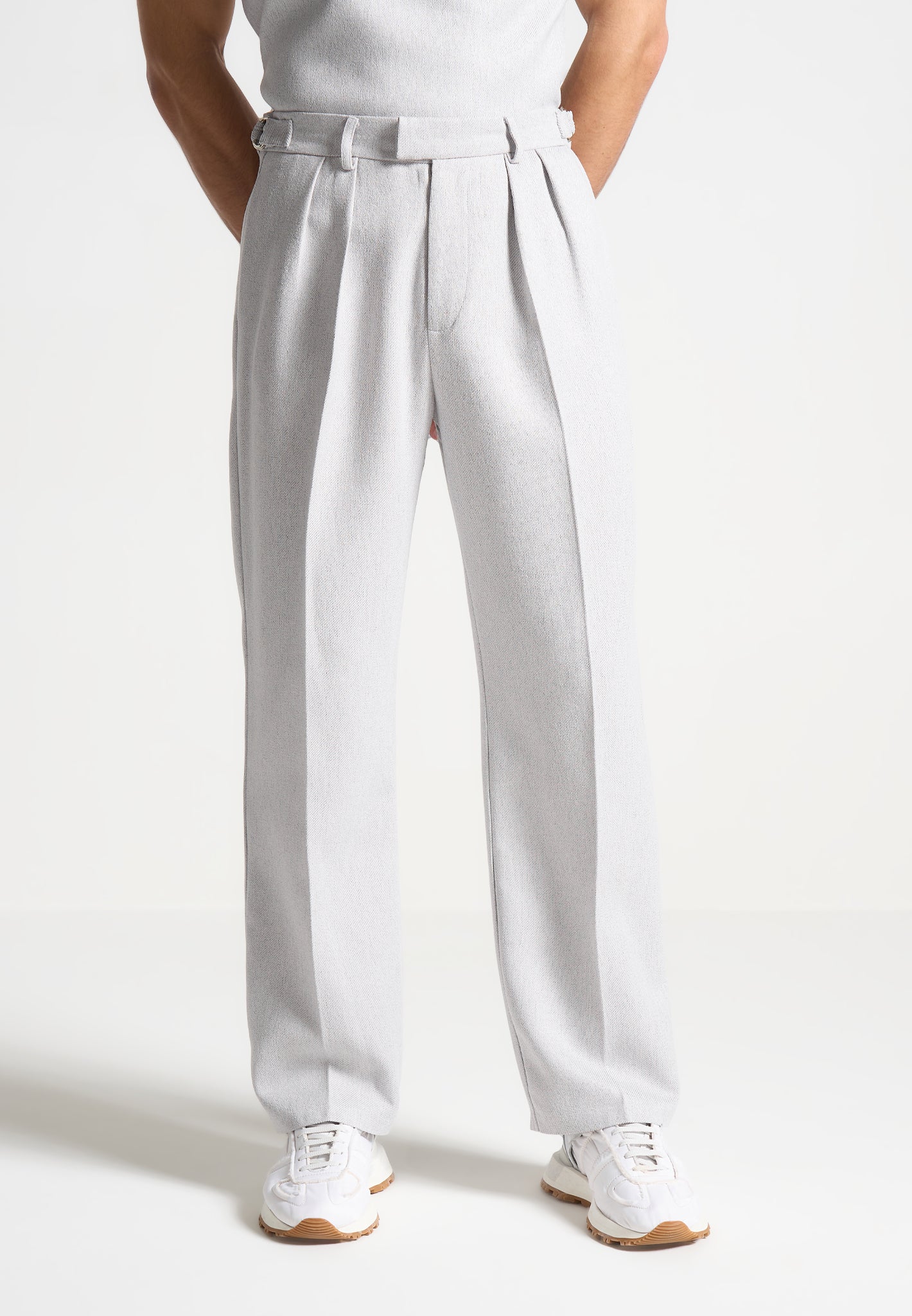 Relaxed Fit Pleated Tailored Trousers for Men | Grey Textured Pants
