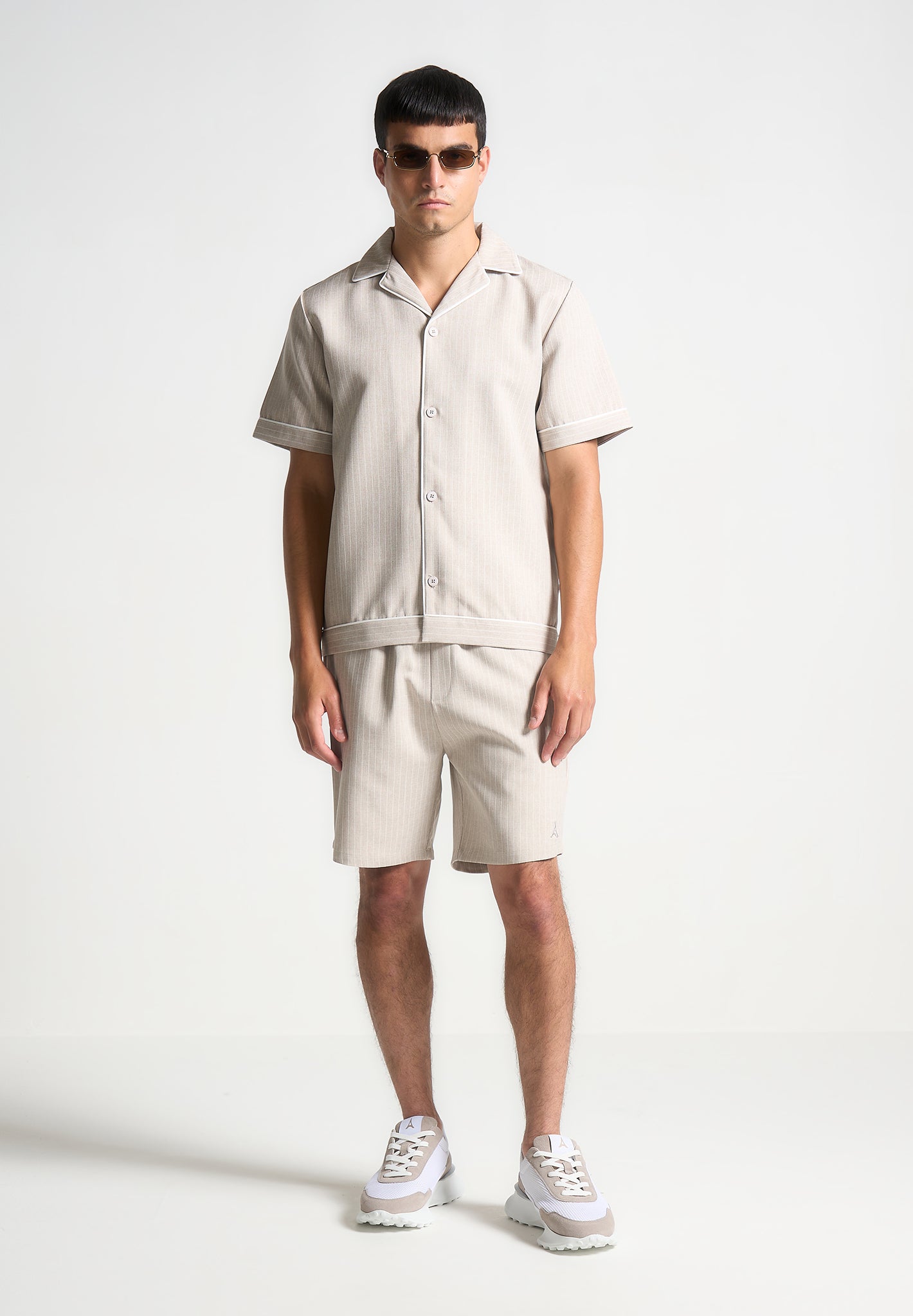 Beige Pinstripe Revere Collar Shirt - Short Sleeve & Regular Fit | Manière De Voir