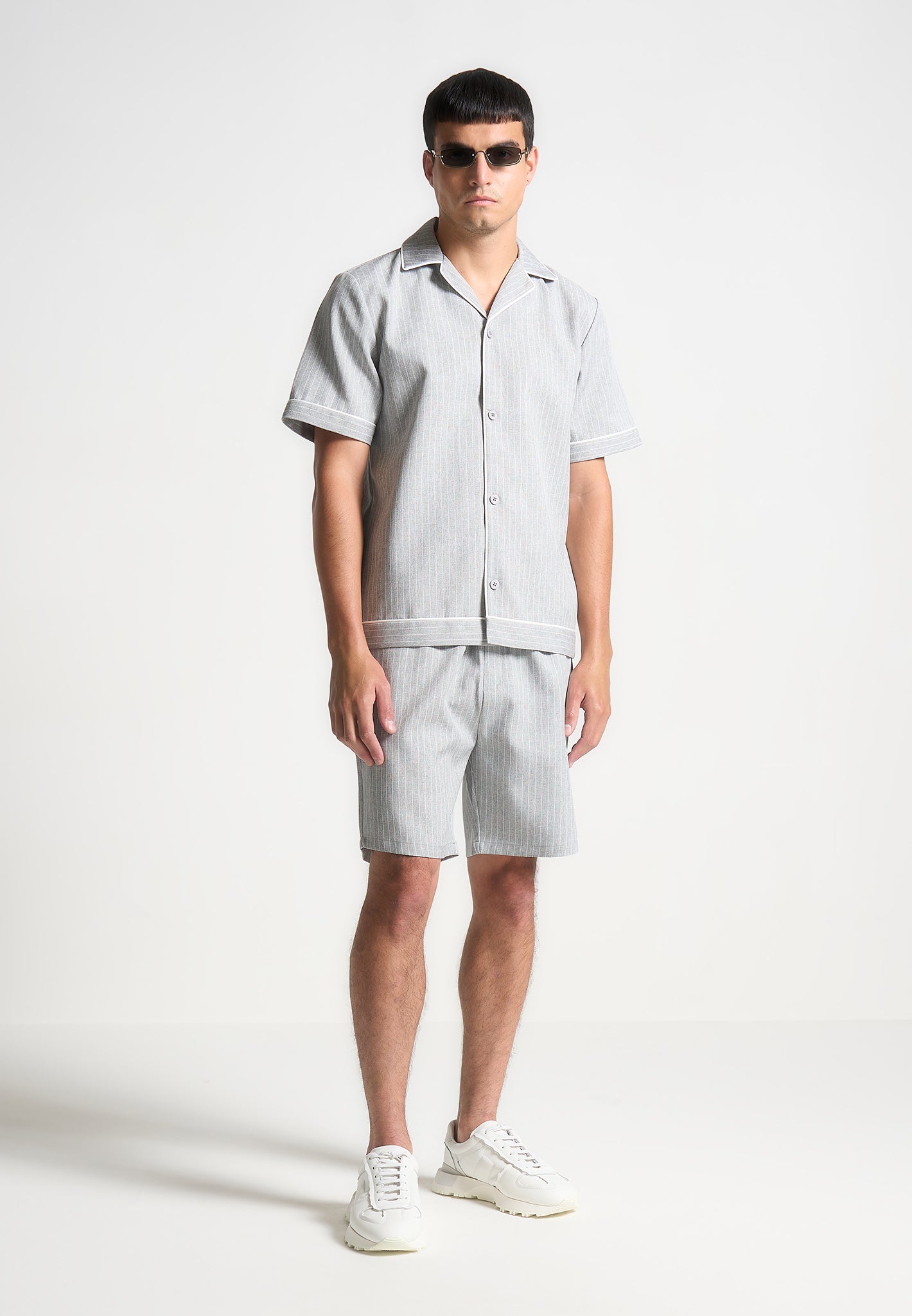 Grey Pinstripe Revere Shirt with Short Sleeves | Manière De Voir