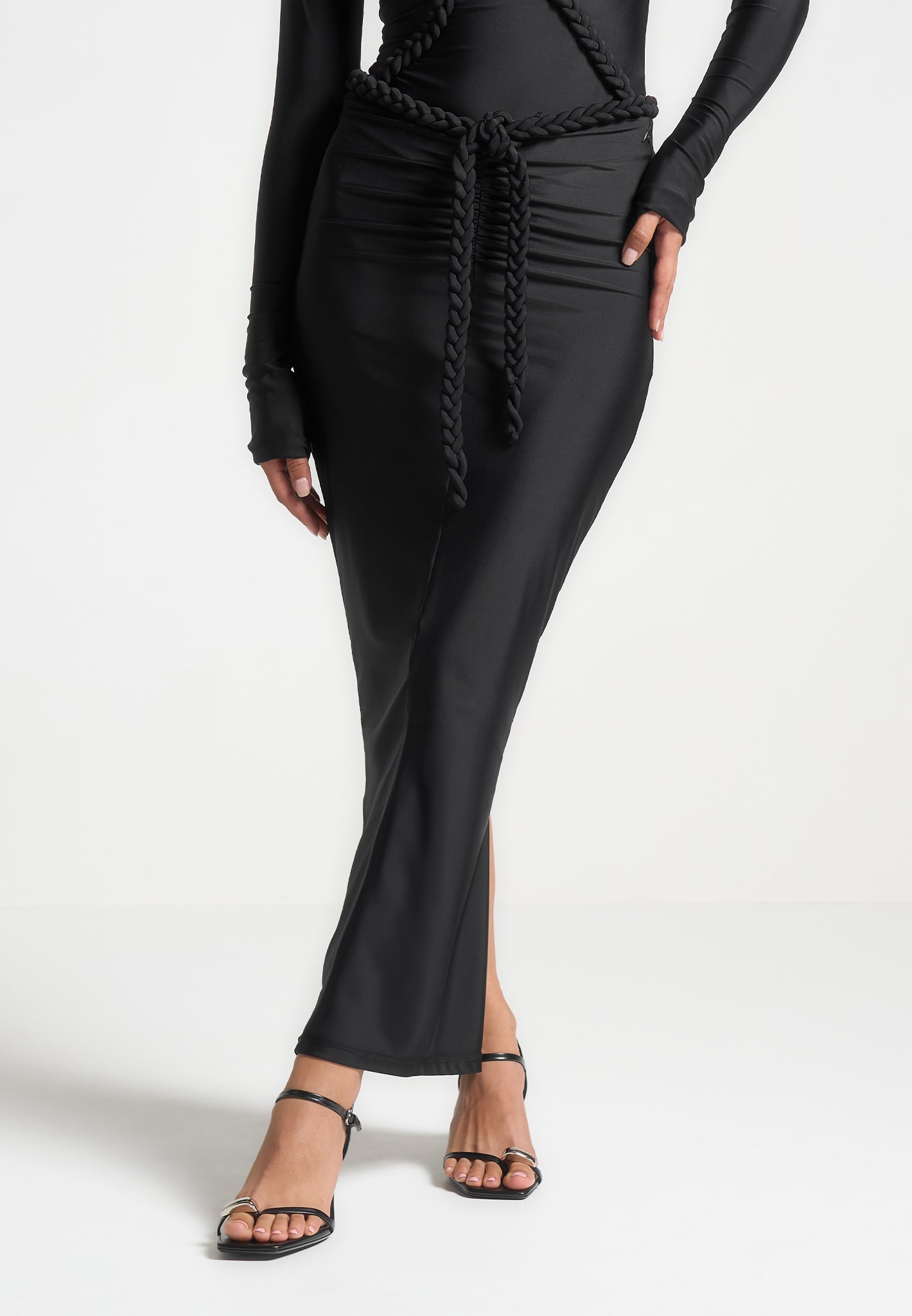 Plait Detail Midaxi Skirt for Women - Figure Hugging & Split Hem