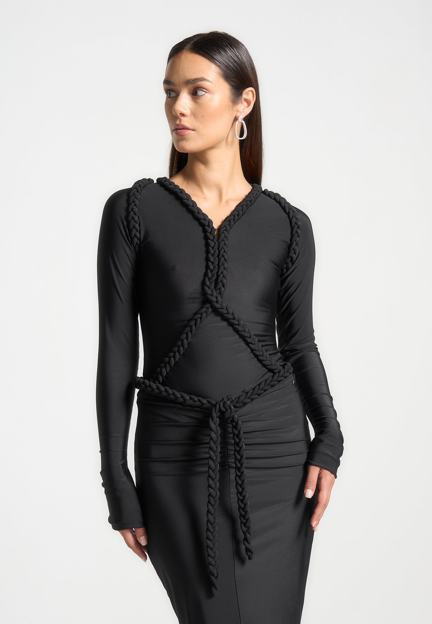 Long Sleeve Plunge Bodysuit with Plait Detail - Black | Manière De Voir