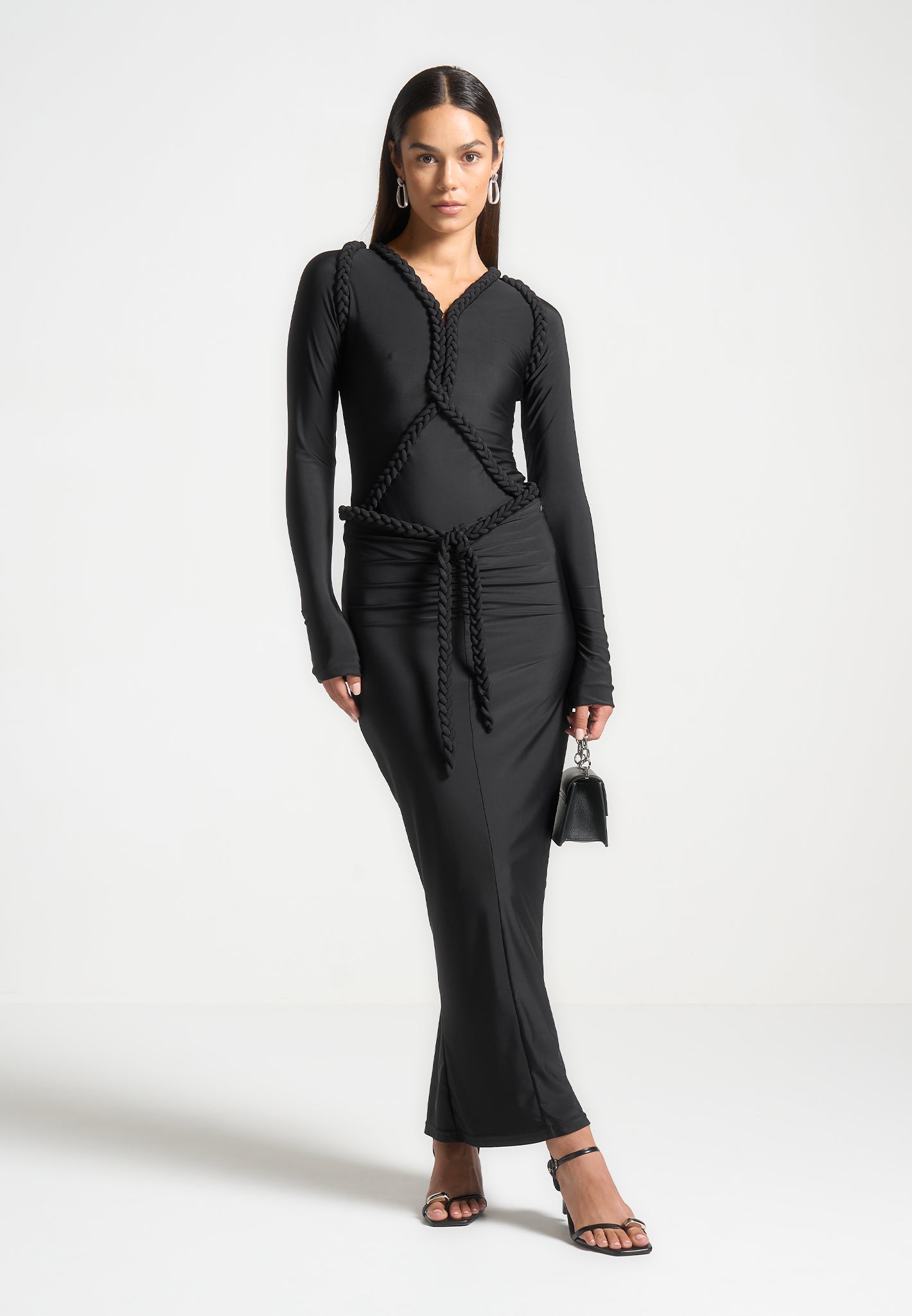 Long Sleeve Plunge Bodysuit with Plait Detail - Black | Manière De Voir
