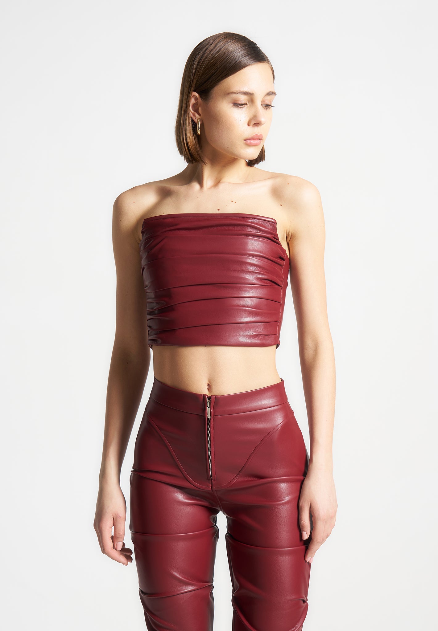 Pleated Vegan Leather Corset Top with Boning | Wine Red