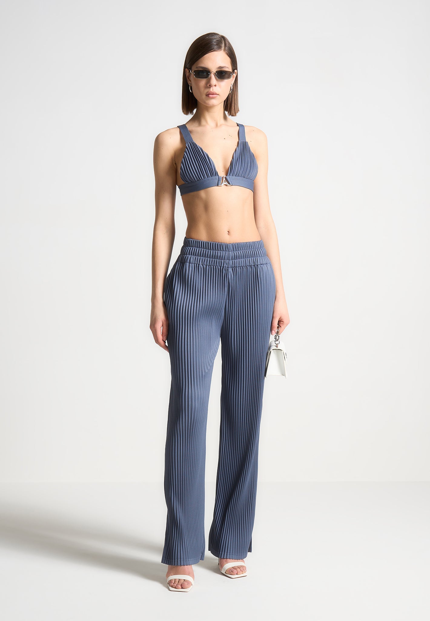 Pleated Bralette with Adjustable Straps & Tie Back | Steel Blue