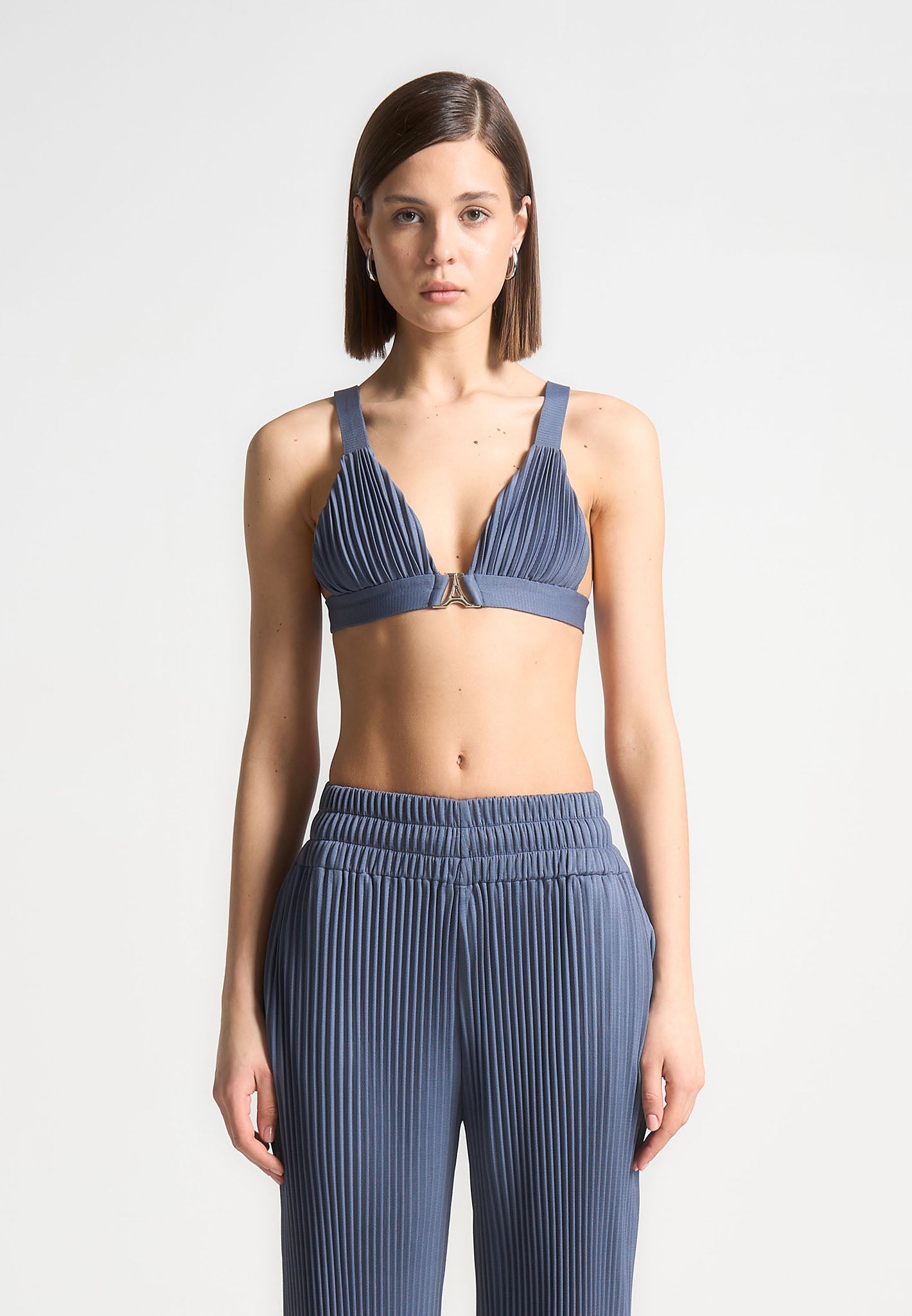 Pleated Bralette with Adjustable Straps & Tie Back | Steel Blue