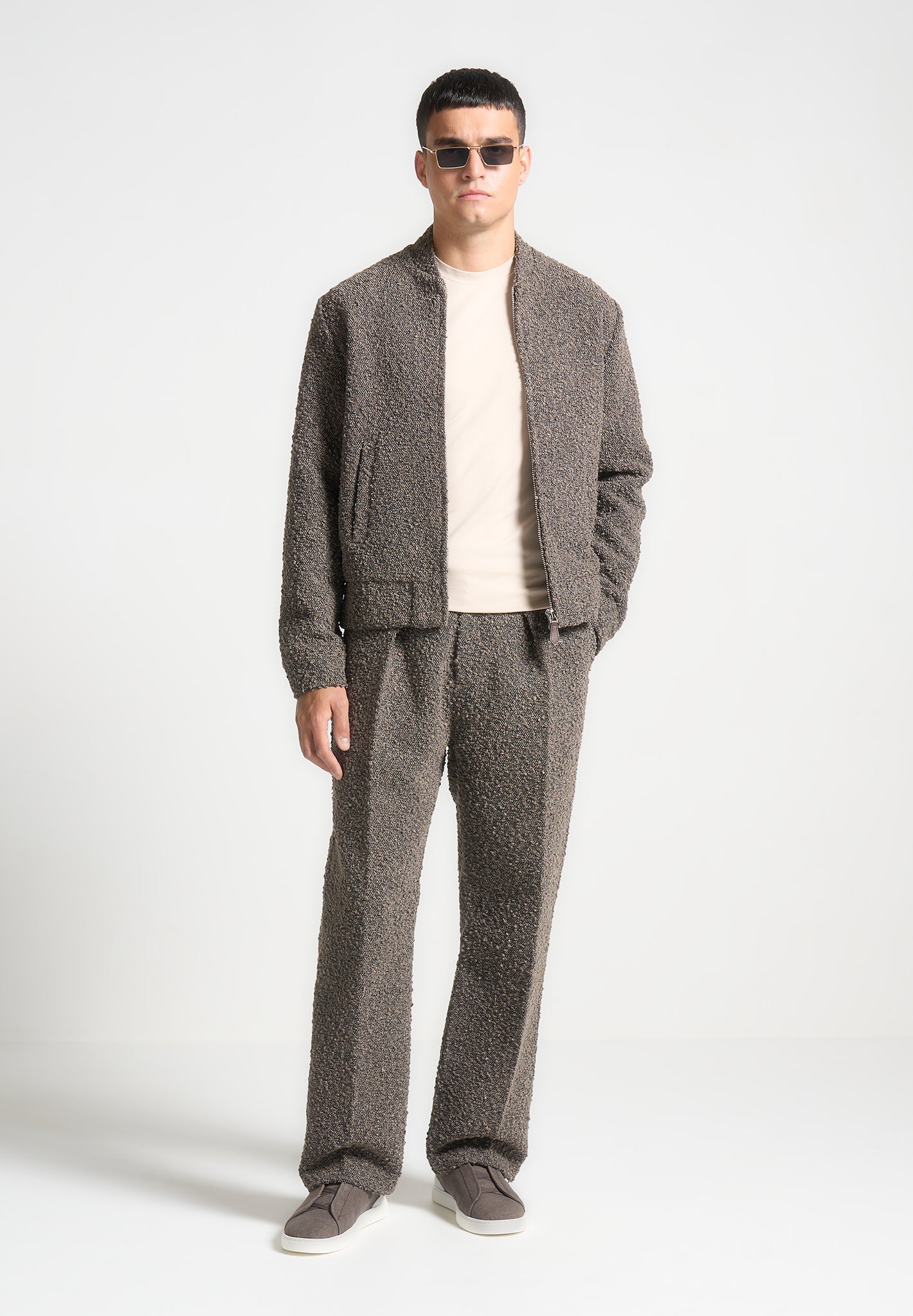 Relaxed Fit Boucle Trousers with Pleats & Adjustable Waist | Manière De Voir