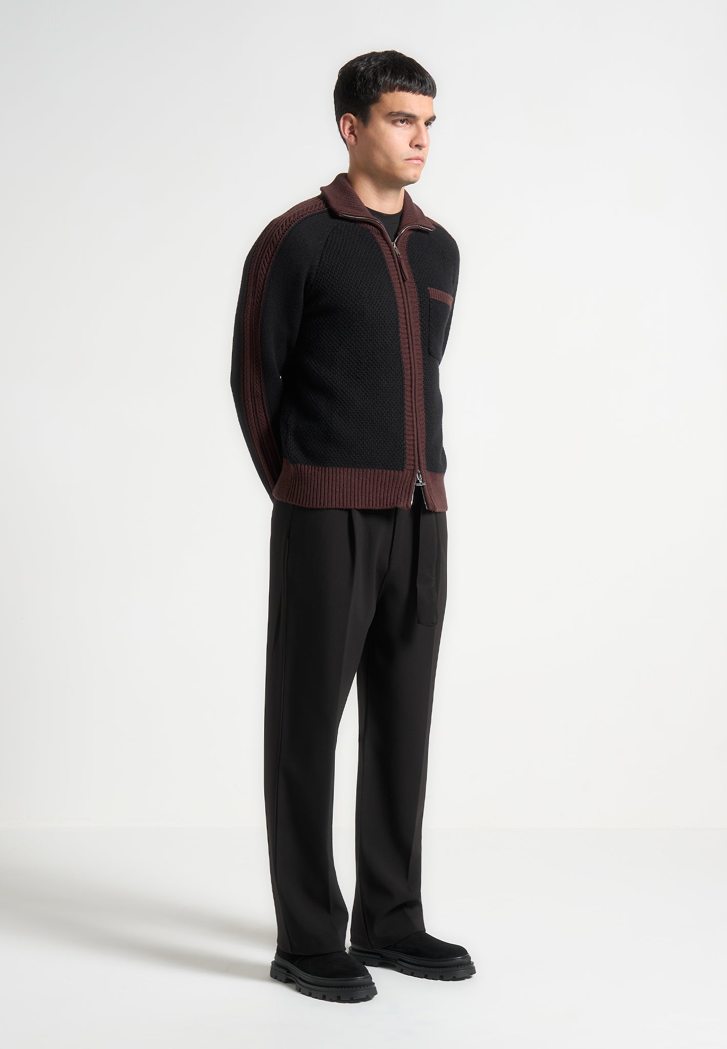 Black Colour Block Zip Cardigan with Ribbed Panels | René