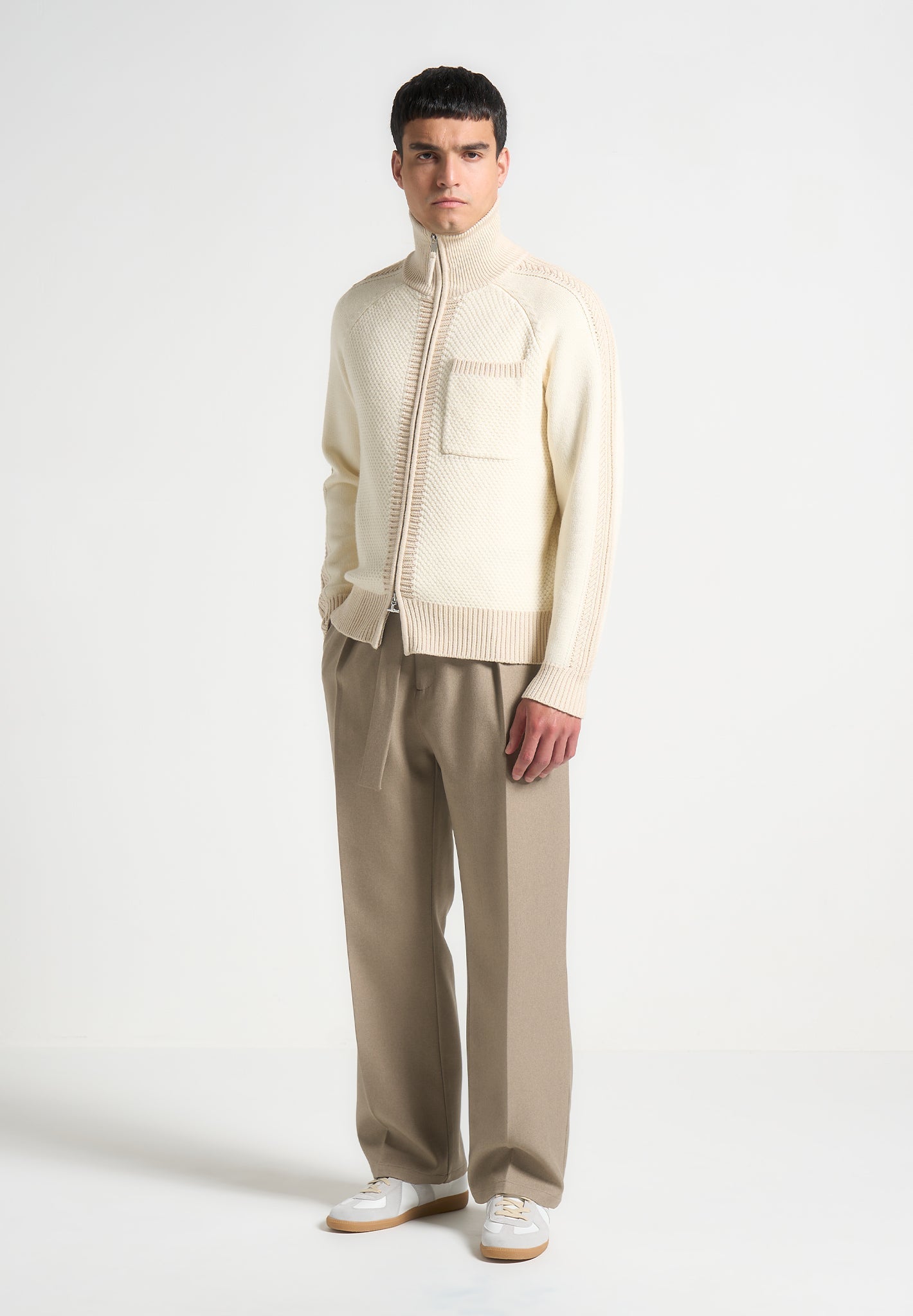 Cream Colour Block Zip Cardigan with Funnel Neck | René