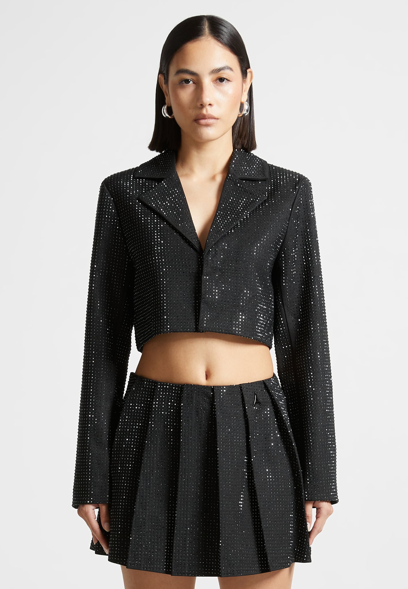 Rhinestone Cropped Blazer with Lapel Collar | Black Glamour Jacket