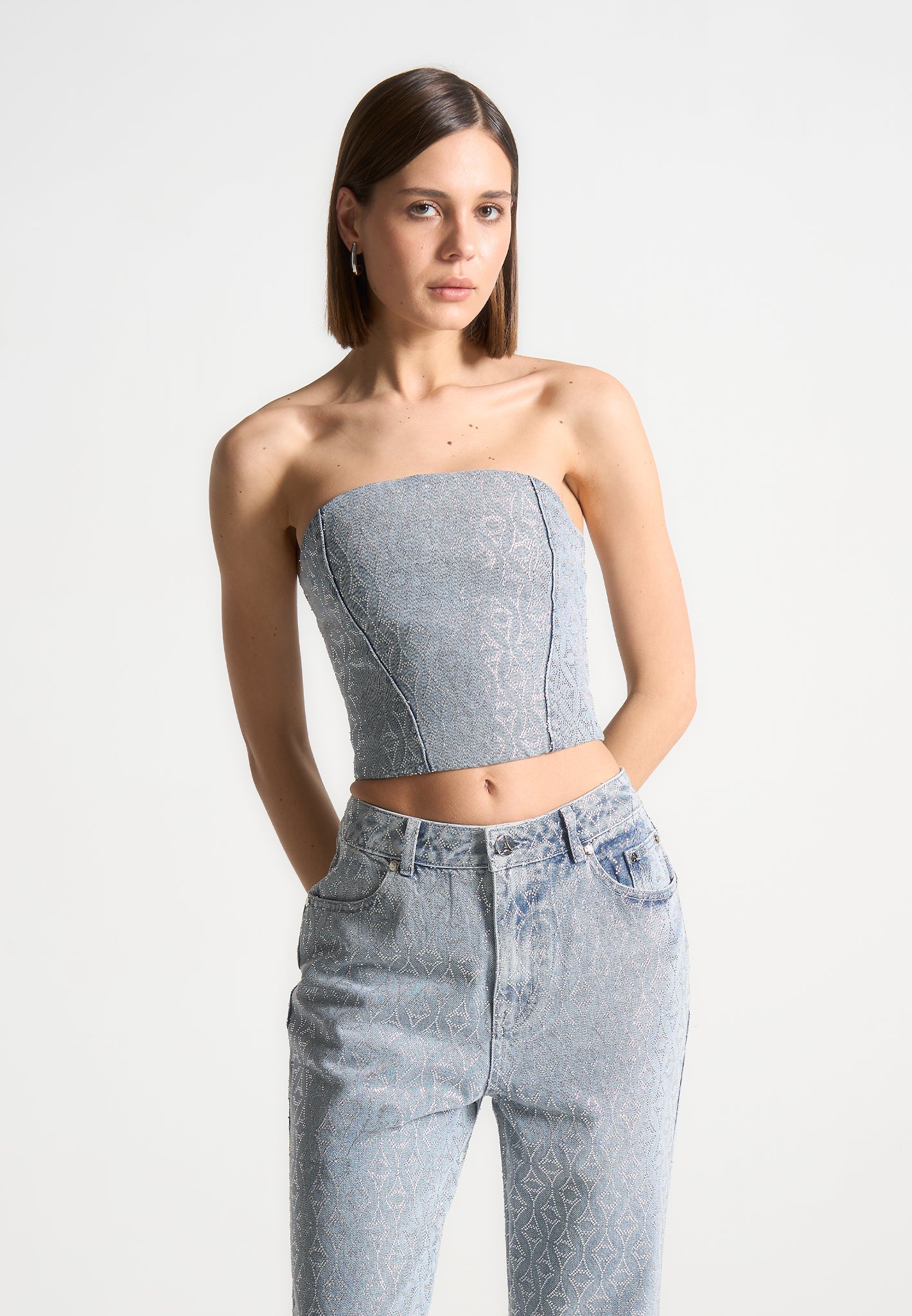 Rhinestone Eiffel Denim Corset Top | Bandeau Style with Sparkling Detail