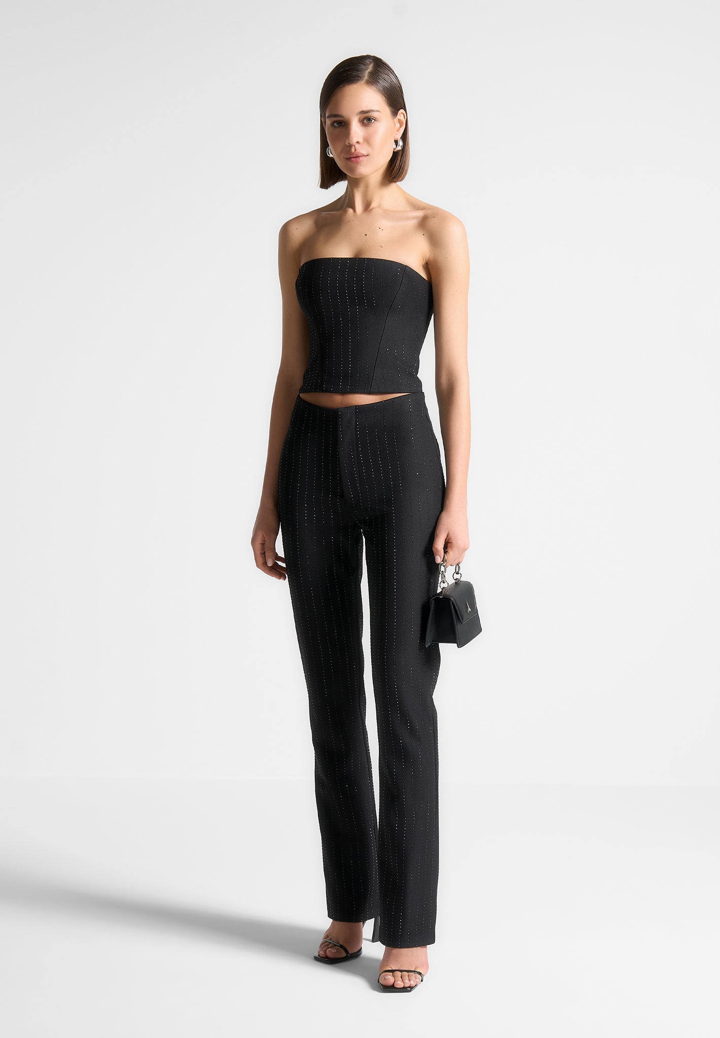 Rhinestone Bandeau Corset Top - Black | Tailored Fit & Sparkle Detail