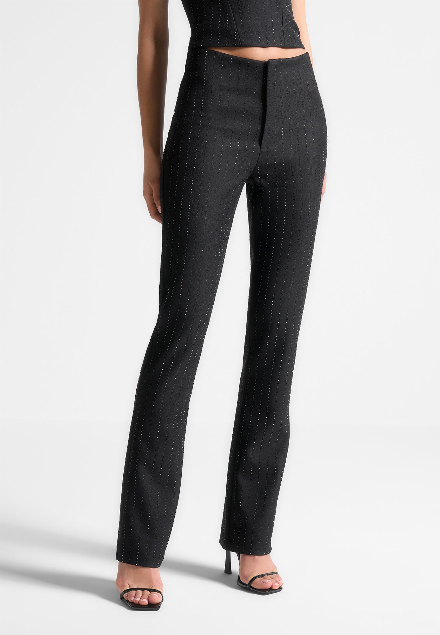 Rhinestone Straight Leg Trousers with Elastic Waist | Black Formal Pants