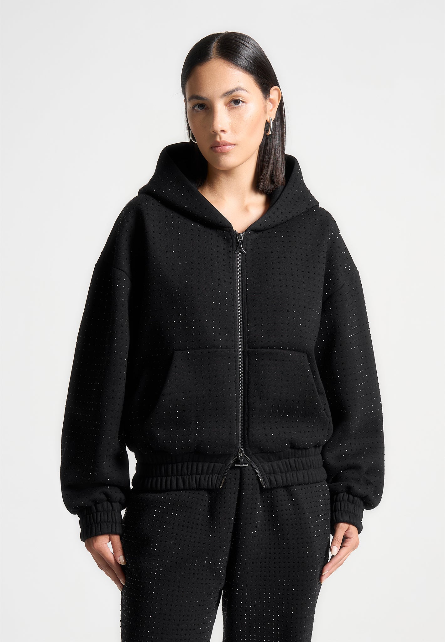 Black Rhinestone Zip Hoodie with Kangaroo Pocket | Relaxed Fit